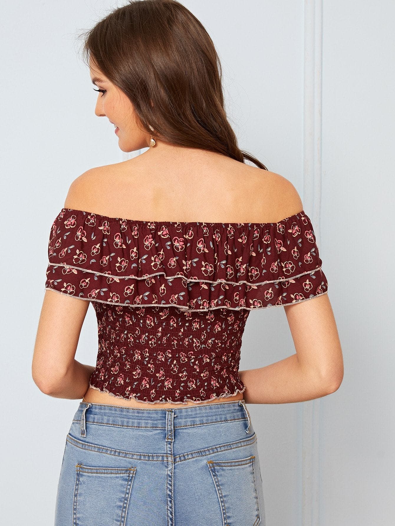 Maroon Off Shoulder Short Sleeve Ditsy Floral Foldover Bardot Shirred Crop Top