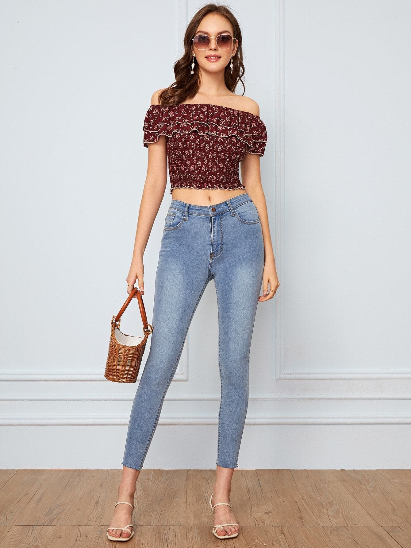 Maroon Off Shoulder Short Sleeve Ditsy Floral Foldover Bardot Shirred Crop Top