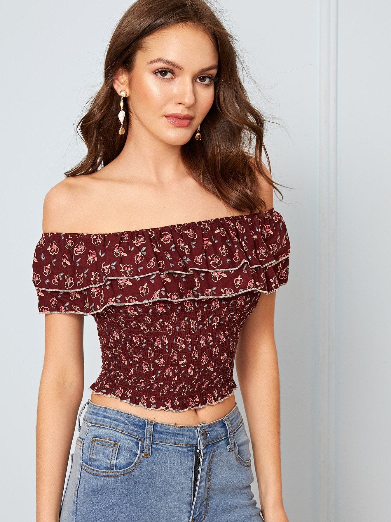 Maroon Off Shoulder Short Sleeve Ditsy Floral Foldover Bardot Shirred Crop Top