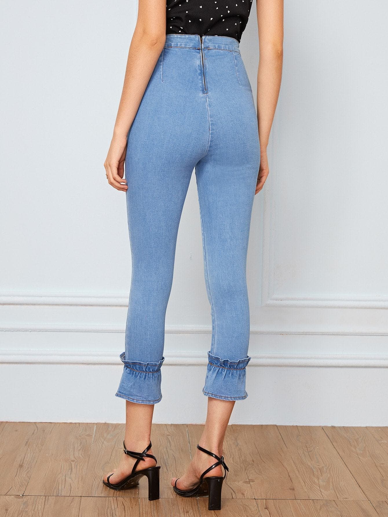 Blue Flare Leg Zip Back Ruffle Hem Skinny Jeans