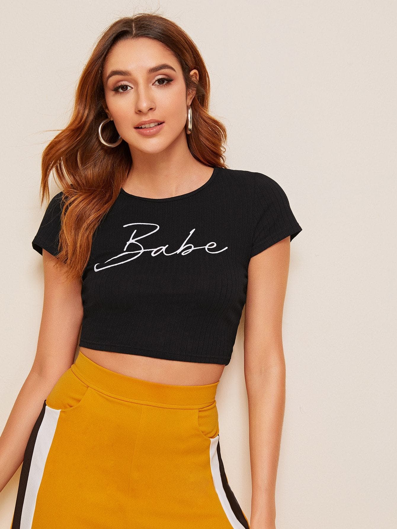 Slim Fit Cap Sleeve Round Neck Letter Print Rib-knit Crop Top