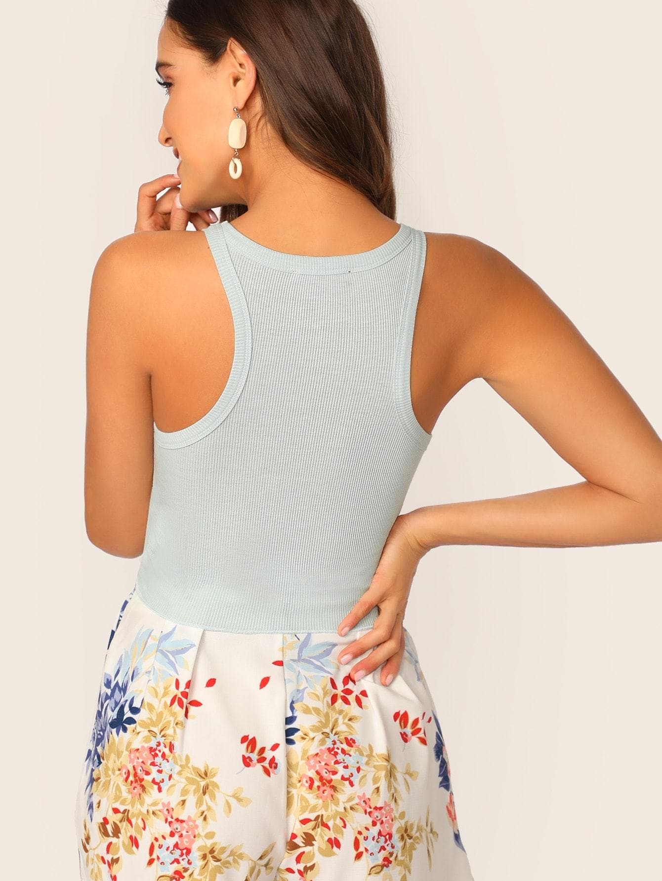 Round Neck Rib-Knit Lettuce Trim Solid Top