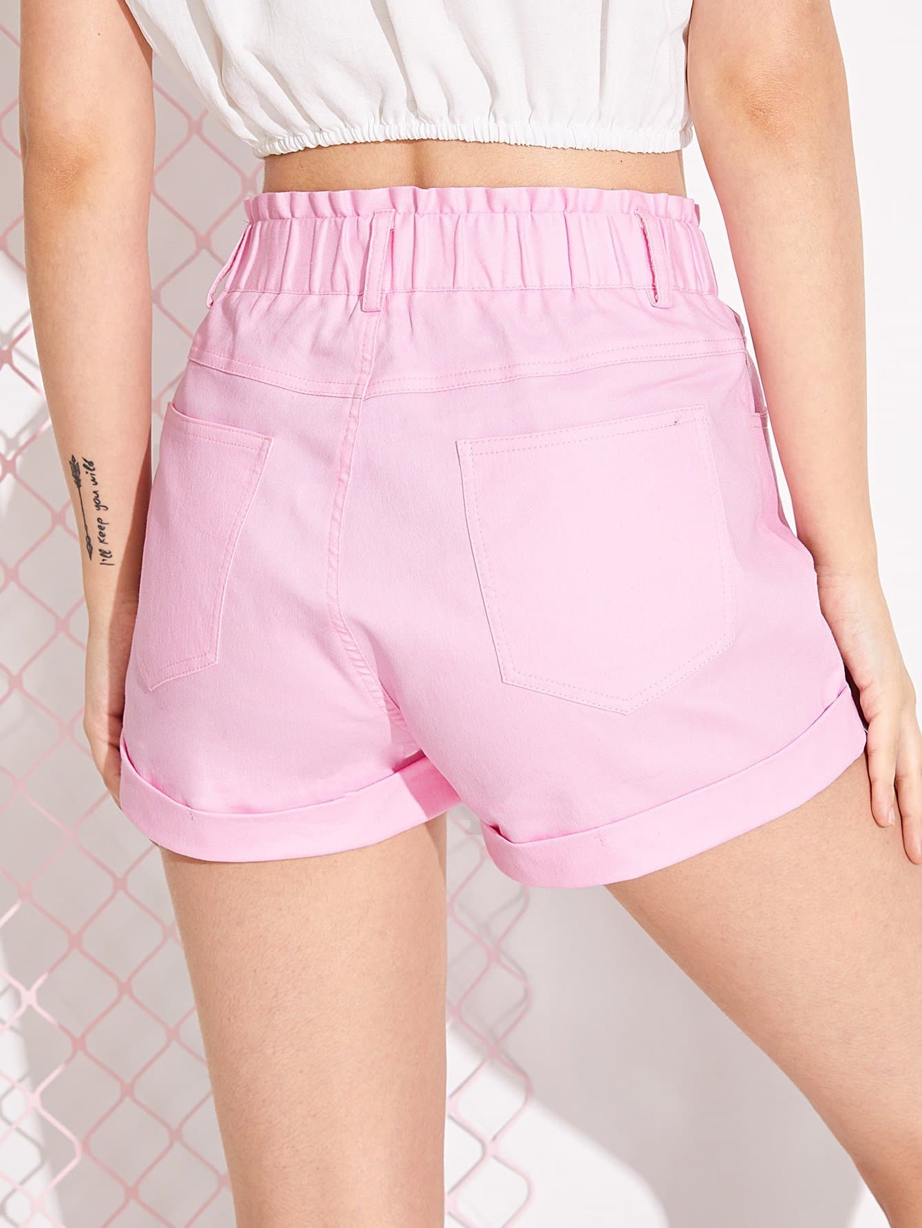 Pink Straight Leg Frill Waist Cuffed Hem Denim Shorts