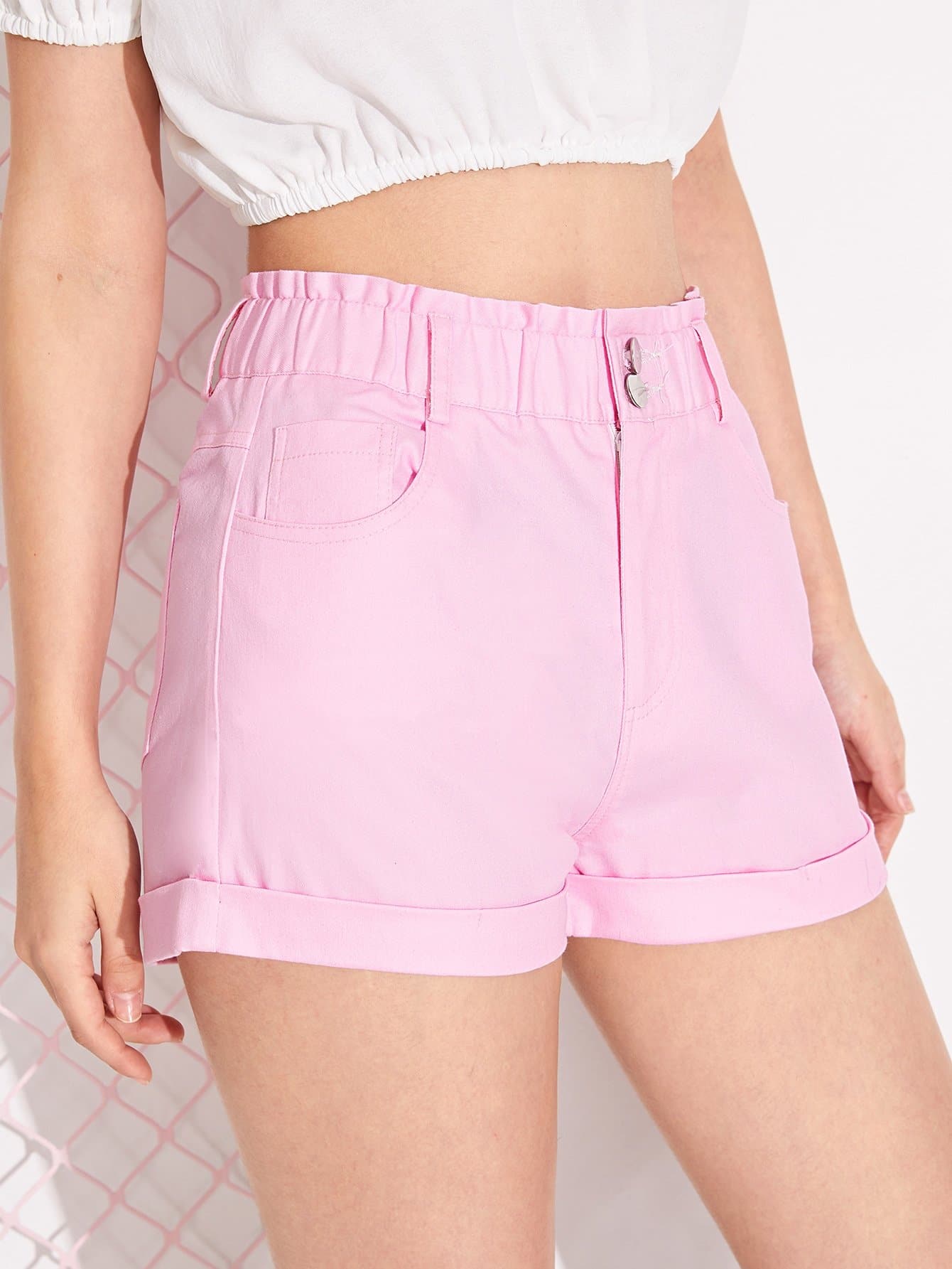 Pink Straight Leg Frill Waist Cuffed Hem Denim Shorts
