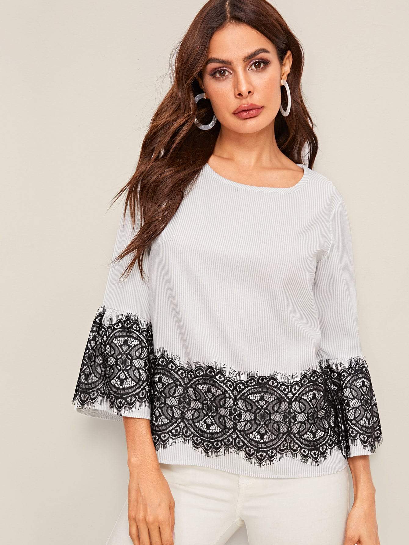 Grey Round Neck Long Sleeve Striped Print Contrast Lace Blouse Top