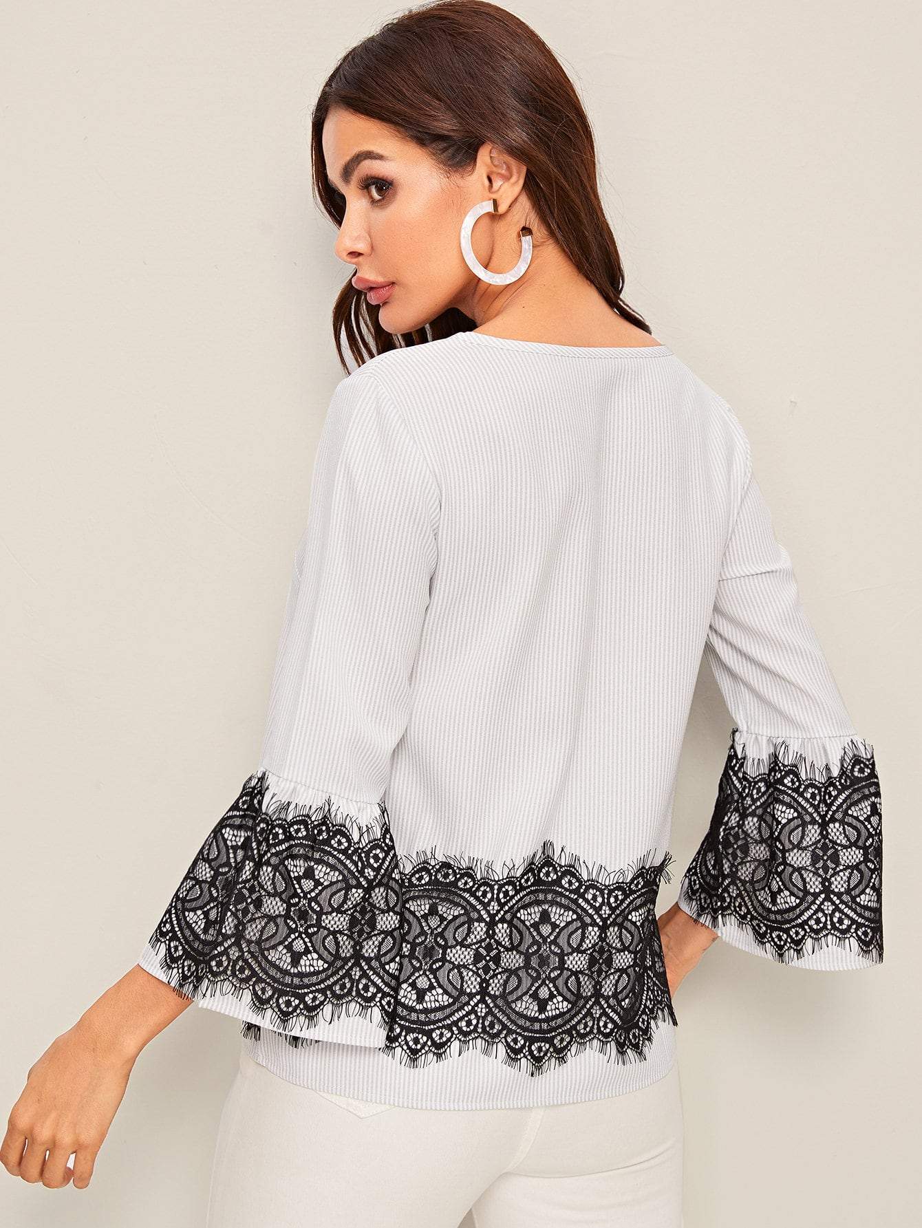 Grey Round Neck Long Sleeve Striped Print Contrast Lace Blouse Top