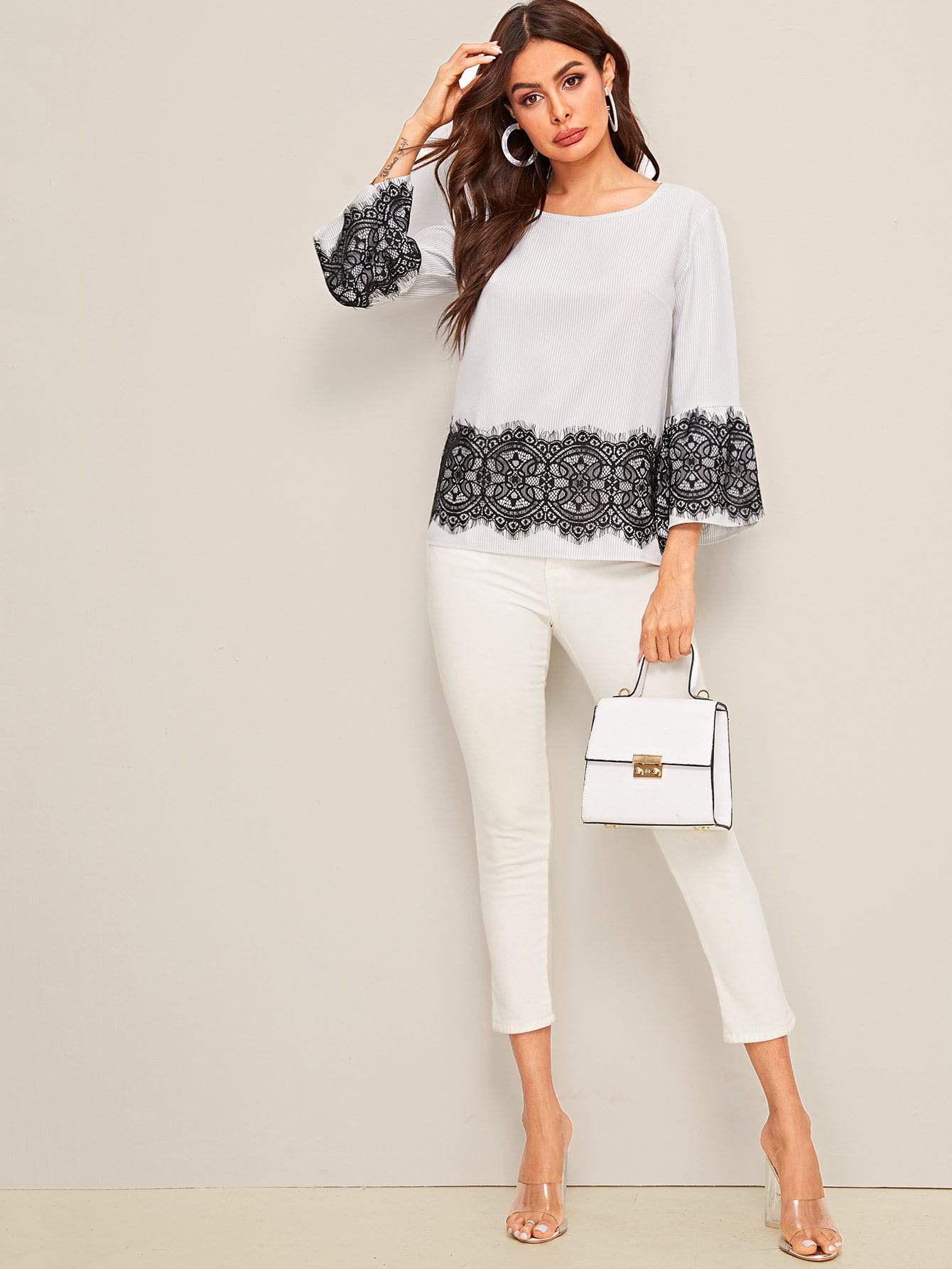 Grey Round Neck Long Sleeve Striped Print Contrast Lace Blouse Top
