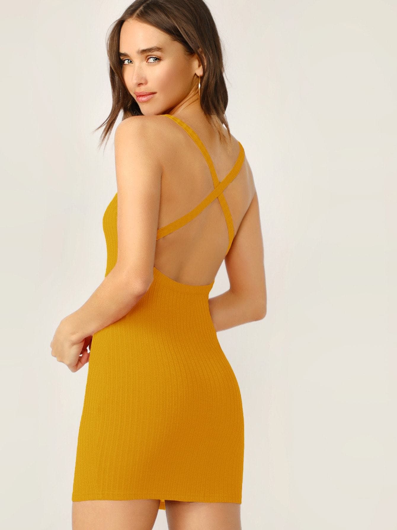 Spaghetti Strap Criss-cross Backless Rib-knit Bodycon Mini Dress