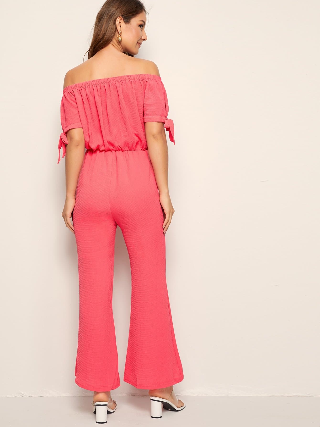 Pink Off Shoulder Short Sleeve Knot Cuff Flare Leg Bardot Jumpsuit