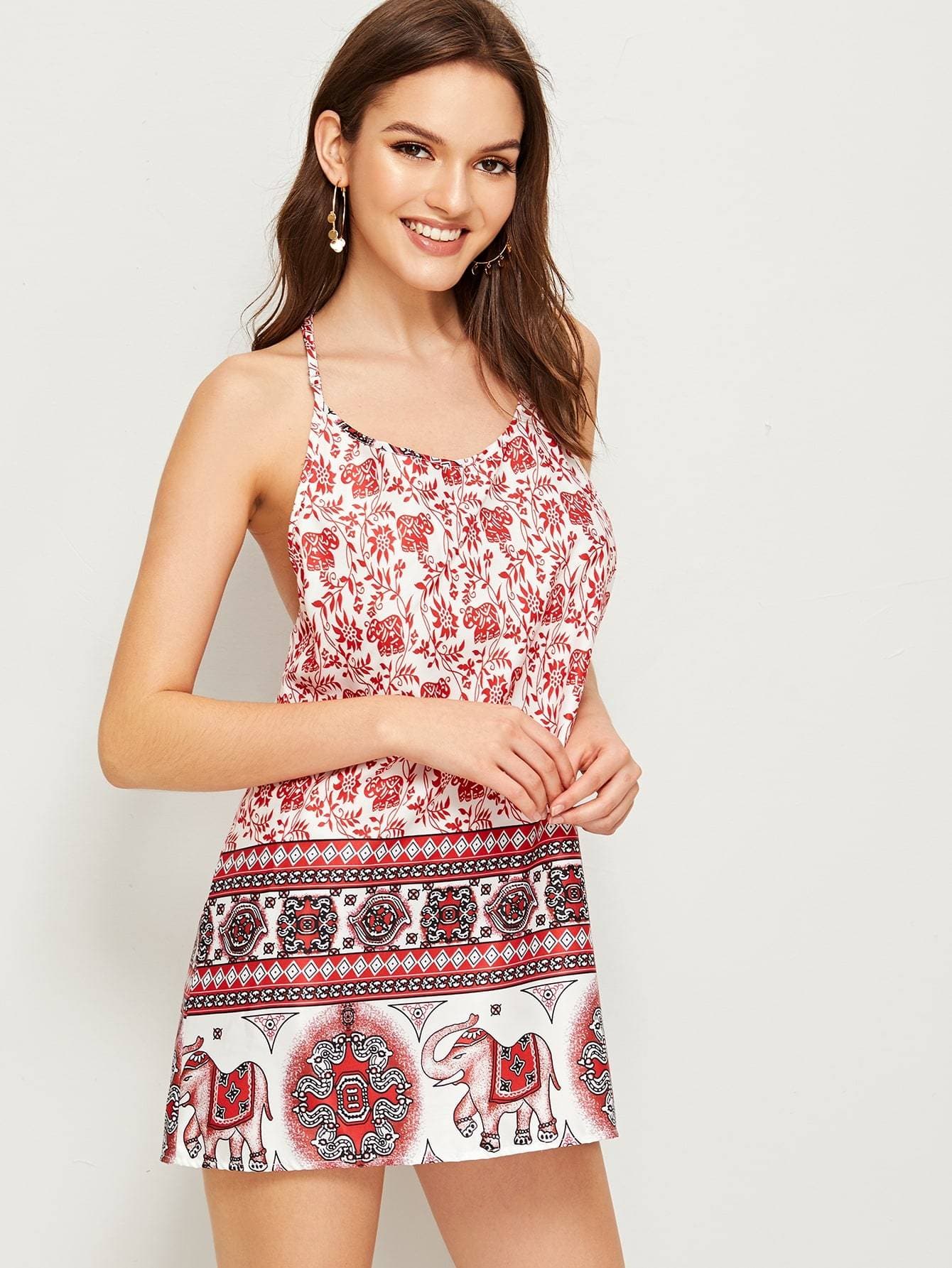 Sleeveless Spaghetti Strap Aztec Print Racer Back Slip Dress