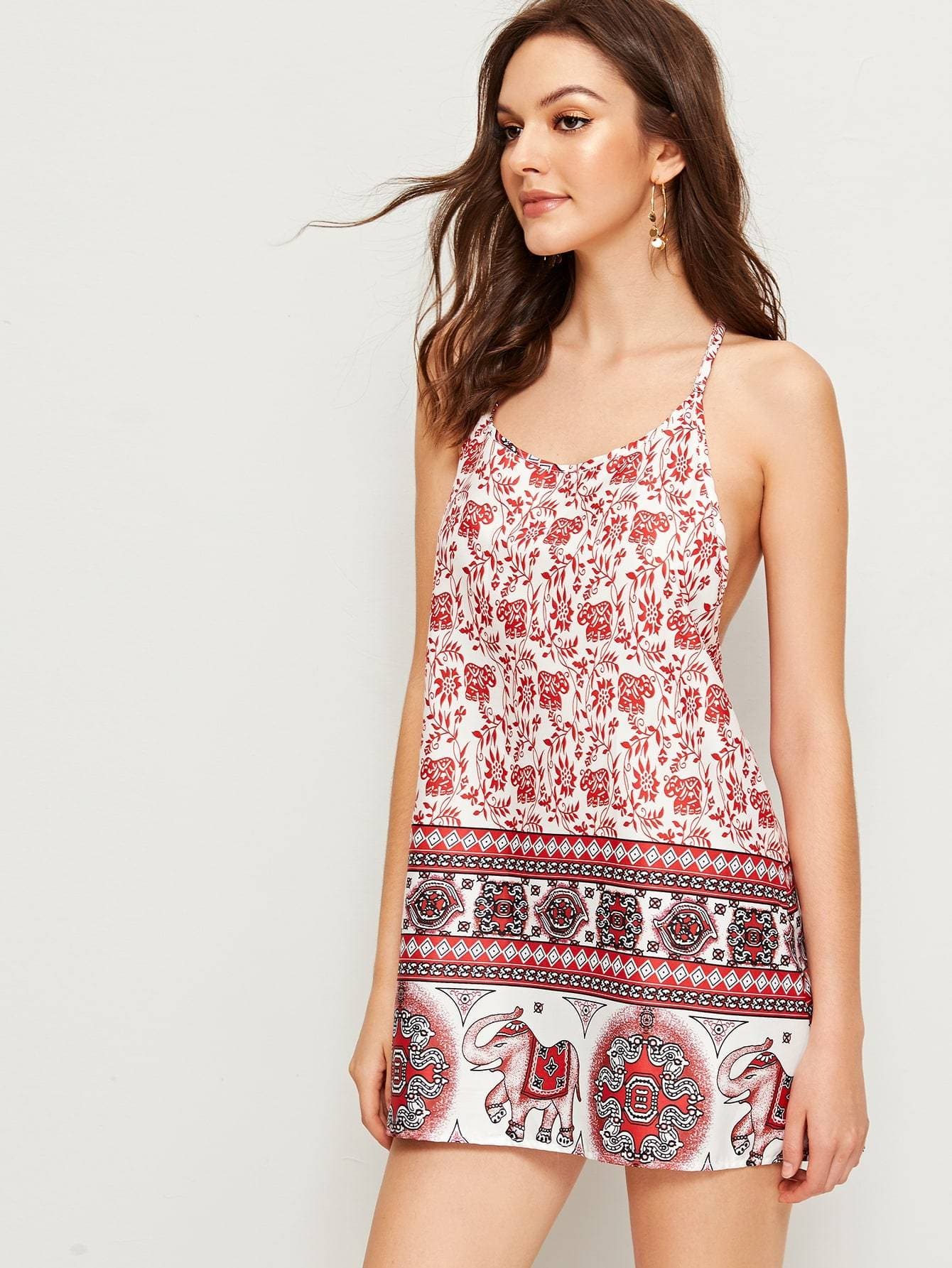 Sleeveless Spaghetti Strap Aztec Print Racer Back Slip Dress