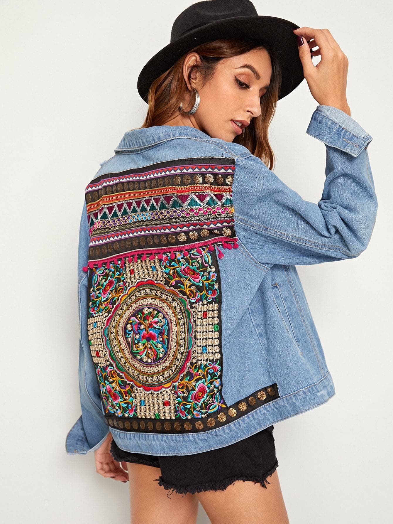 Single Breasted Long Sleeve Ripped Embroidered Back Denim Jacket