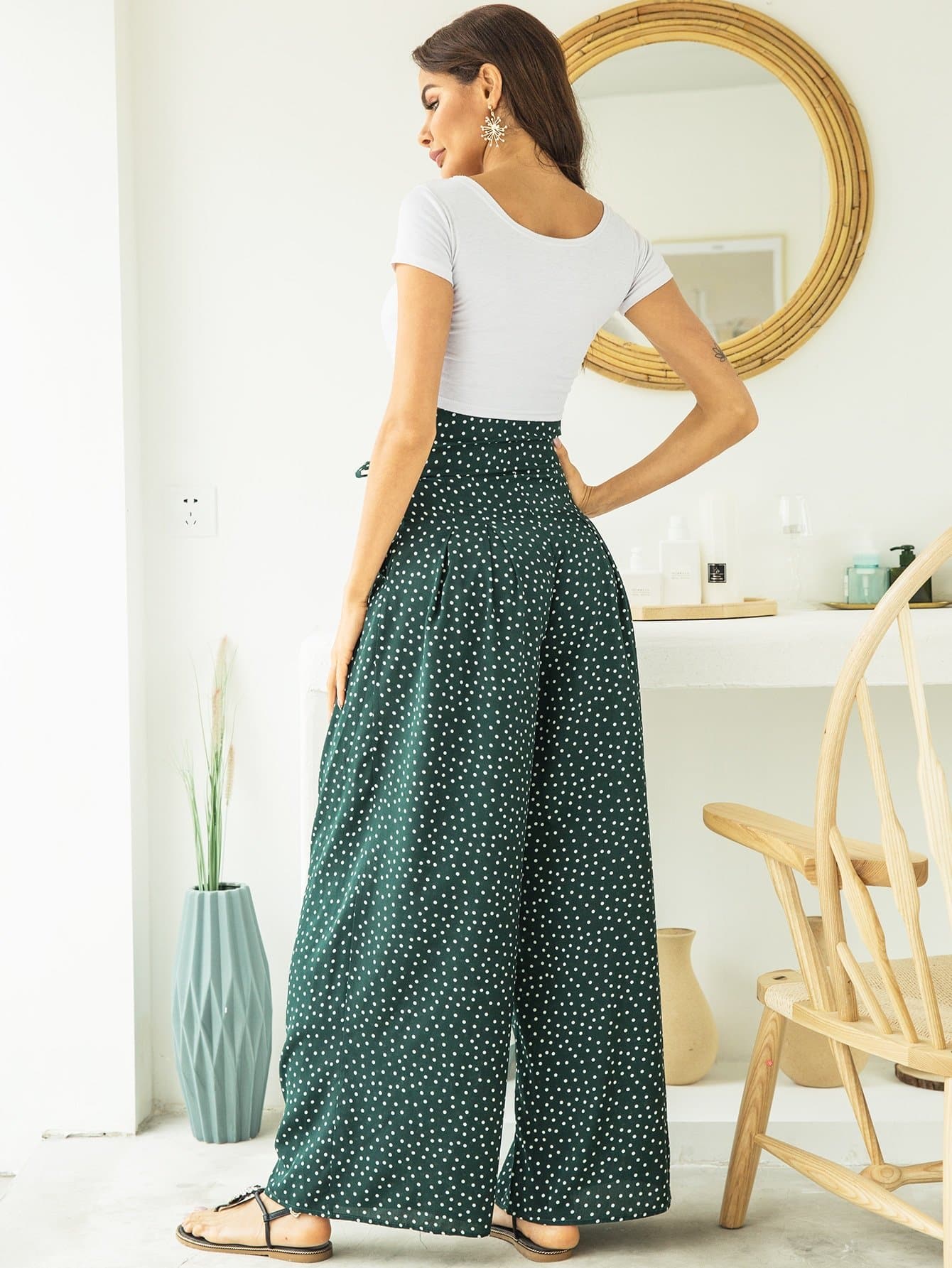 Green Polka Dot High Waist Belted Wide Leg Pants