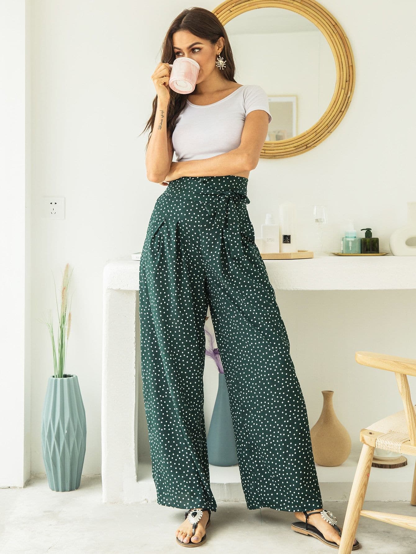 Green Polka Dot High Waist Belted Wide Leg Pants