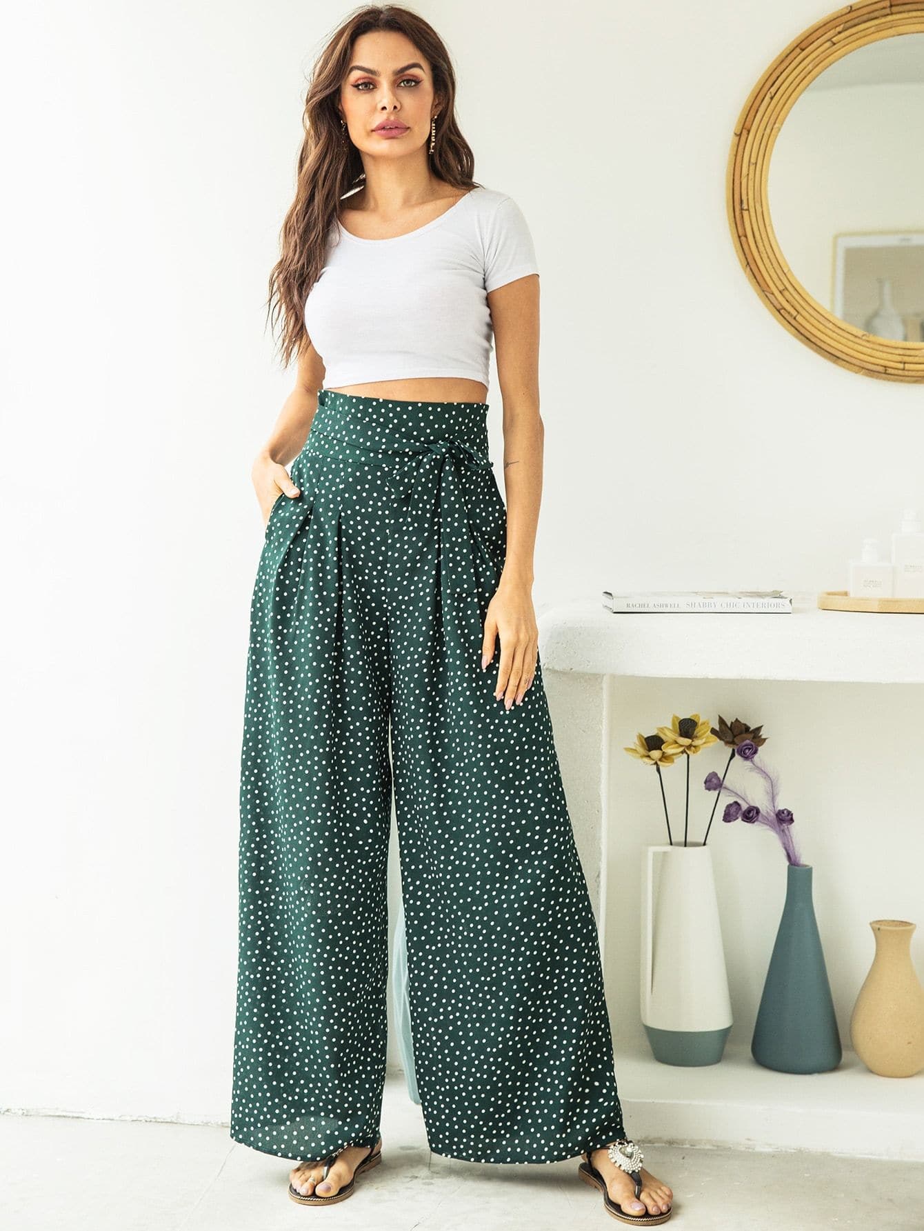 Green Polka Dot High Waist Belted Wide Leg Pants