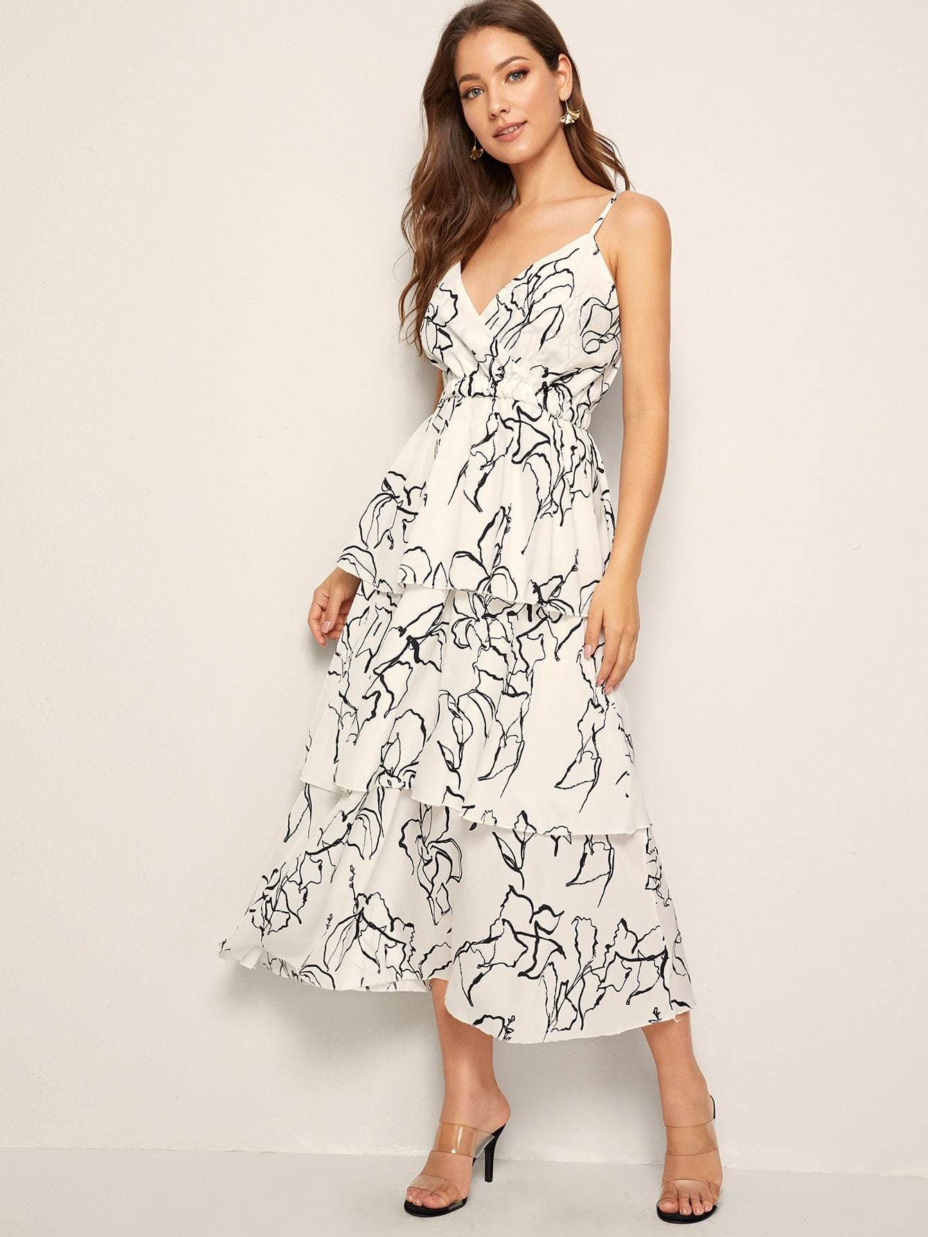 White Spaghetti Strap Sleeveless Abstract Print Tiered Layer Cami Dress