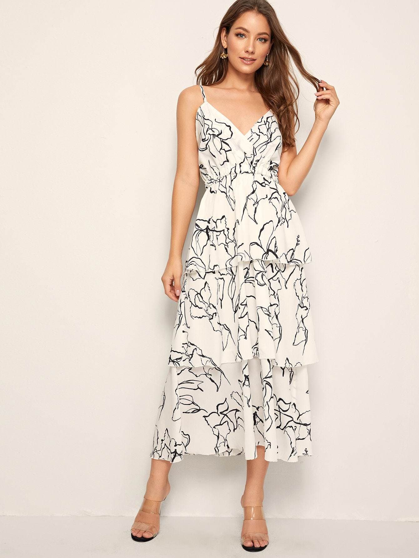 White Spaghetti Strap Sleeveless Abstract Print Tiered Layer Cami Dress
