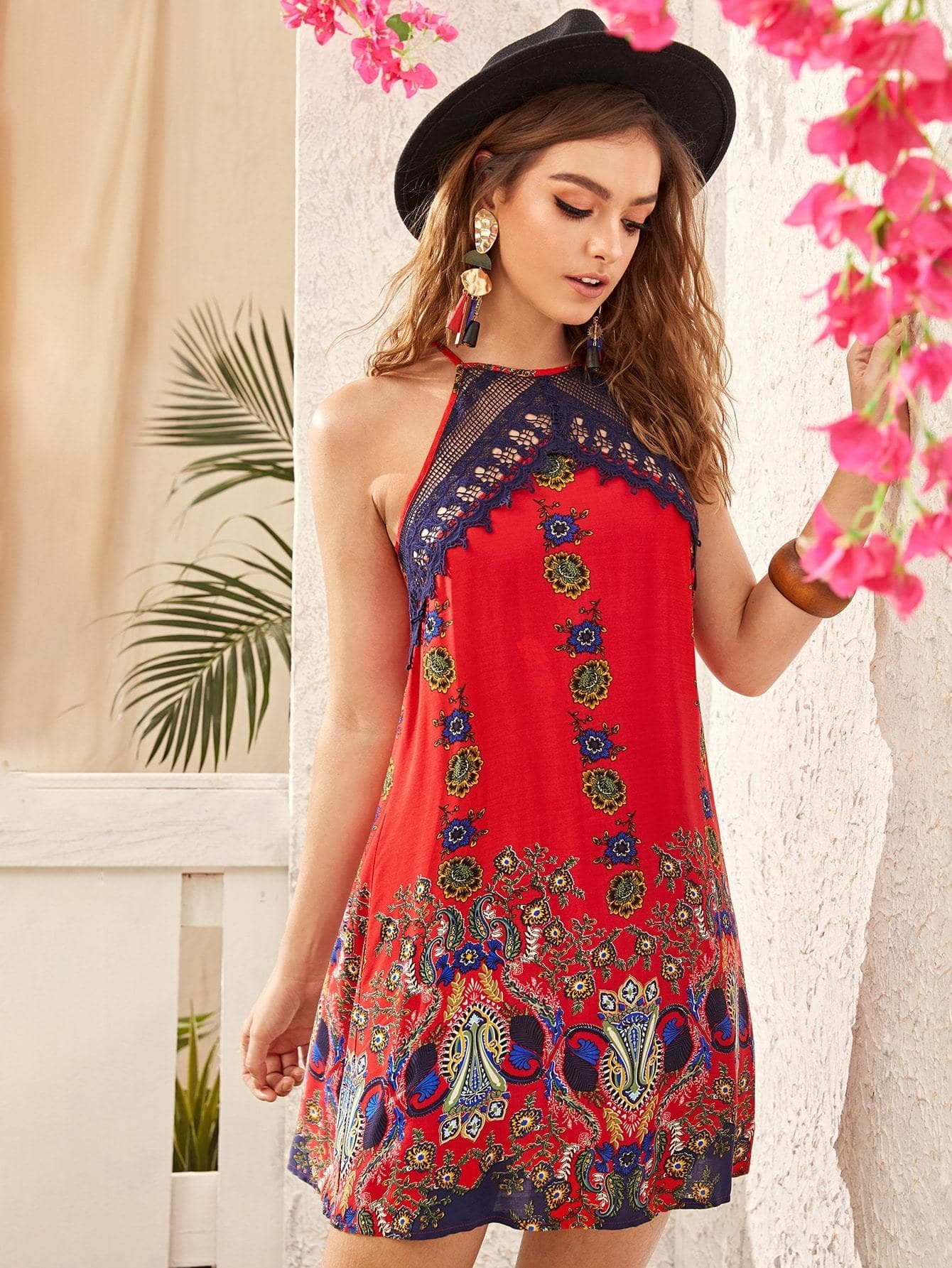 Bright Red Sleeveless Tribal Floral Print Lace Yoke Halter Dress