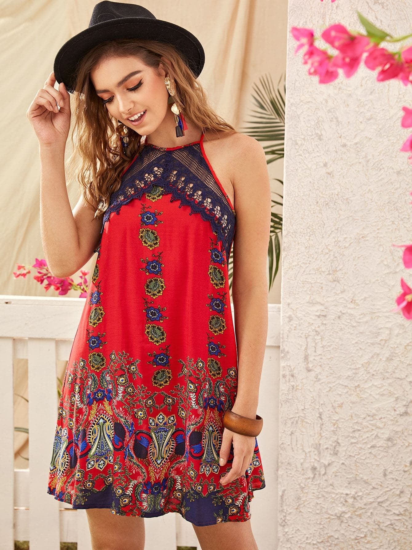 Bright Red Sleeveless Tribal Floral Print Lace Yoke Halter Dress