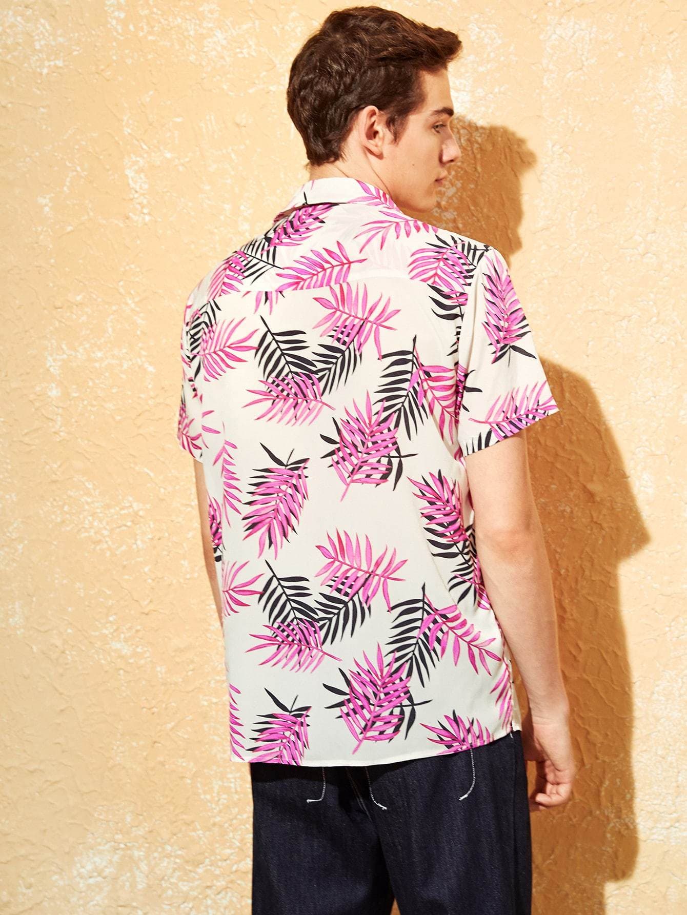Button Fron Notched Collar Tropical Jungle Leaf Print Shirt