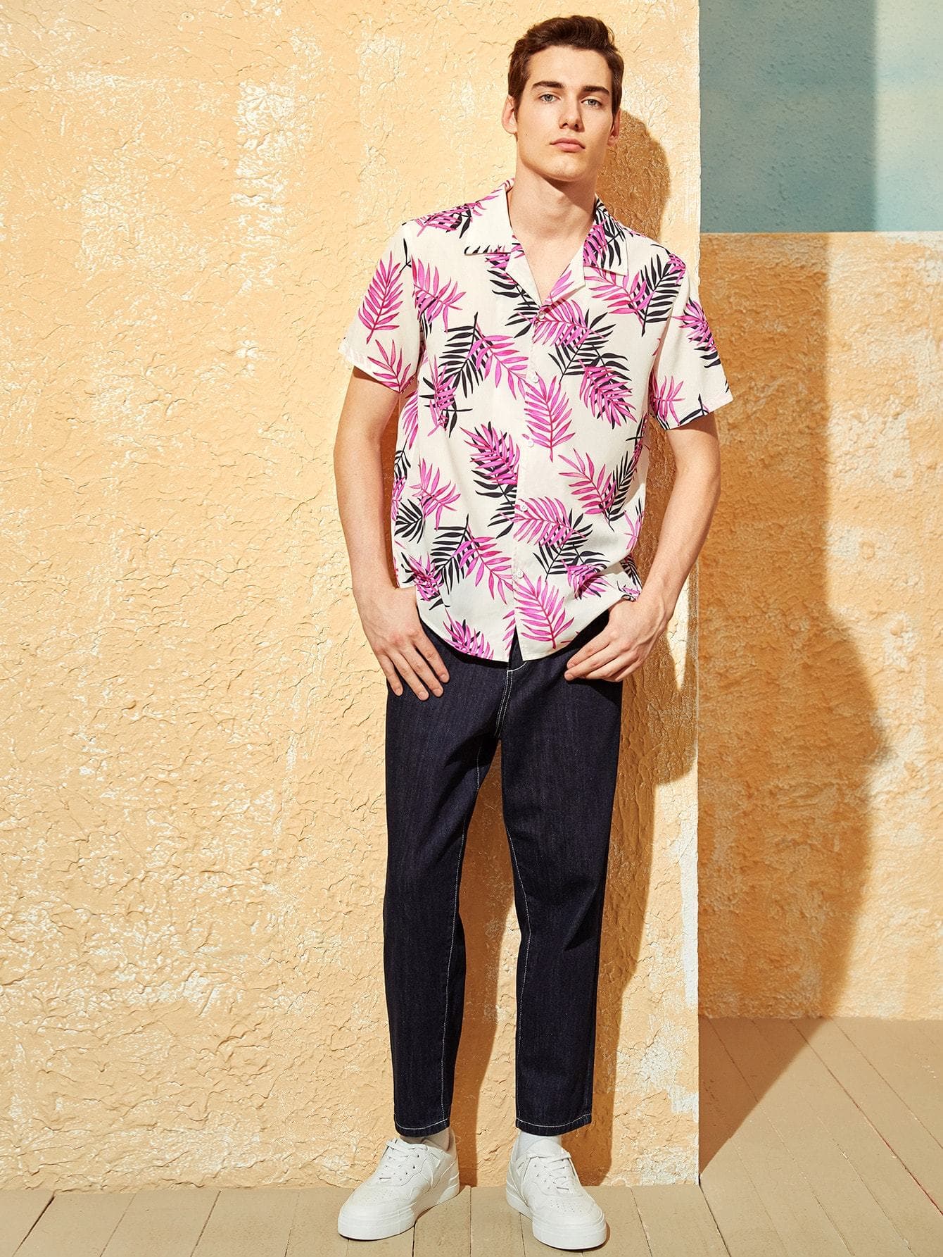 Button Fron Notched Collar Tropical Jungle Leaf Print Shirt
