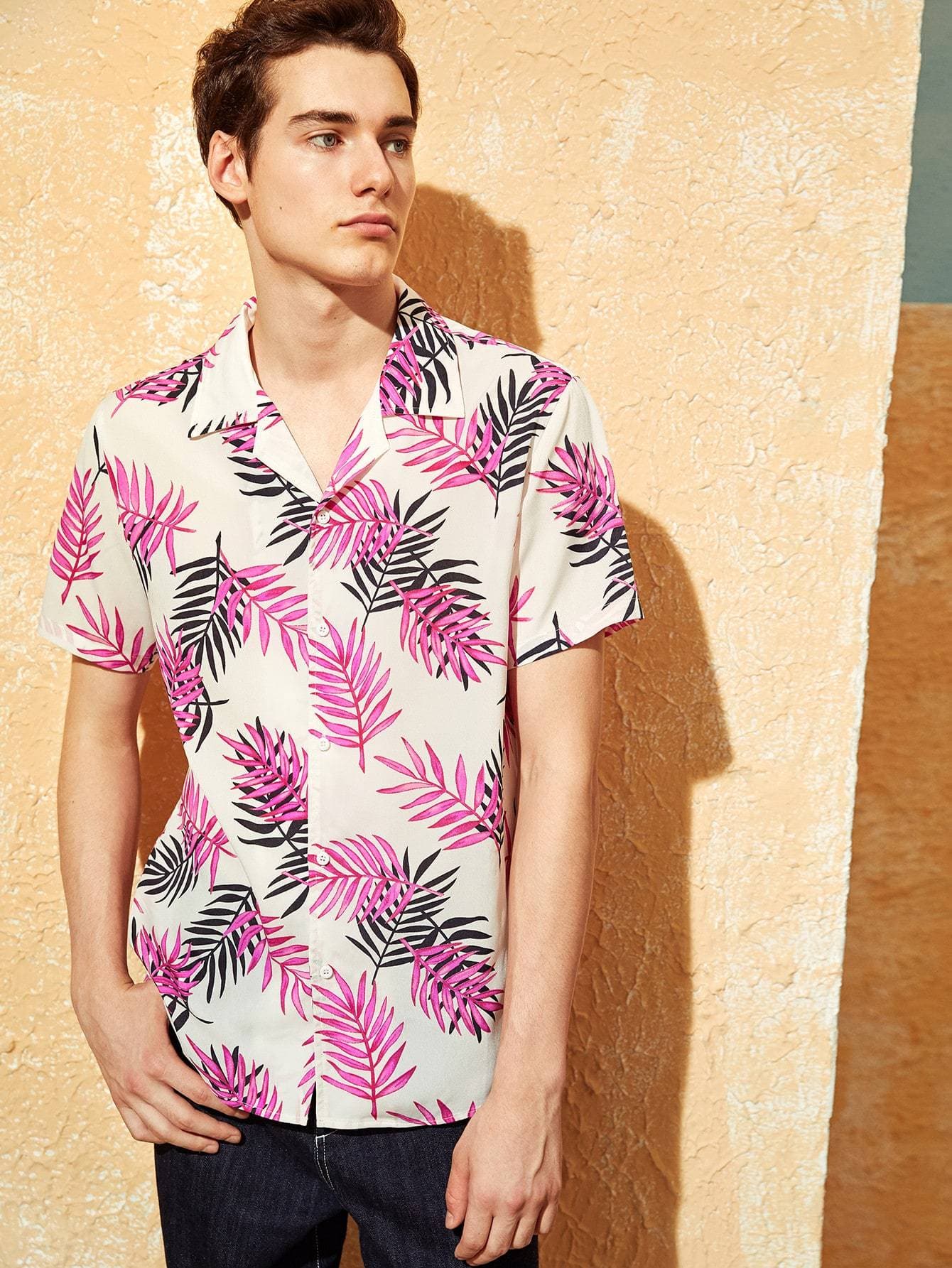 Button Fron Notched Collar Tropical Jungle Leaf Print Shirt