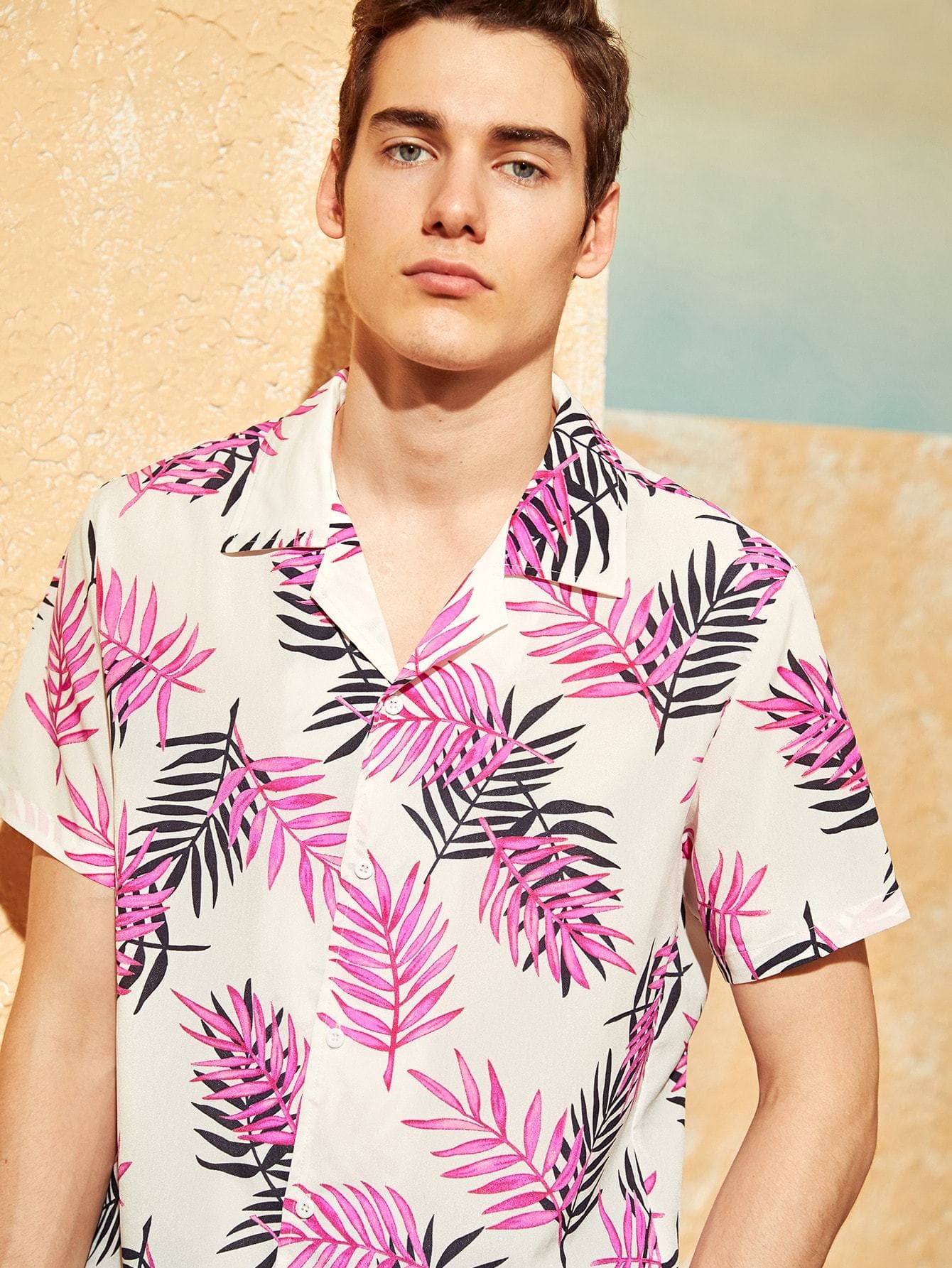 Button Fron Notched Collar Tropical Jungle Leaf Print Shirt