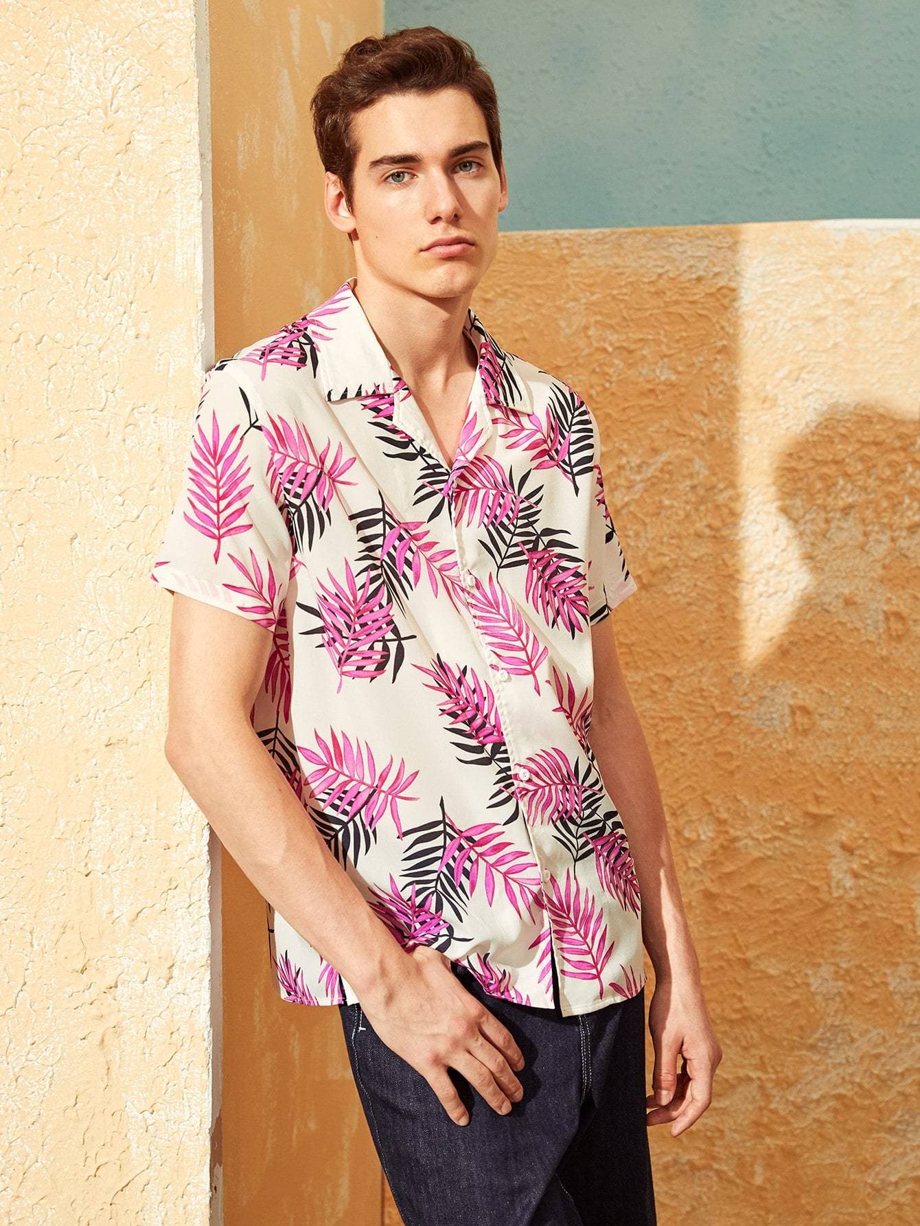 Button Fron Notched Collar Tropical Jungle Leaf Print Shirt