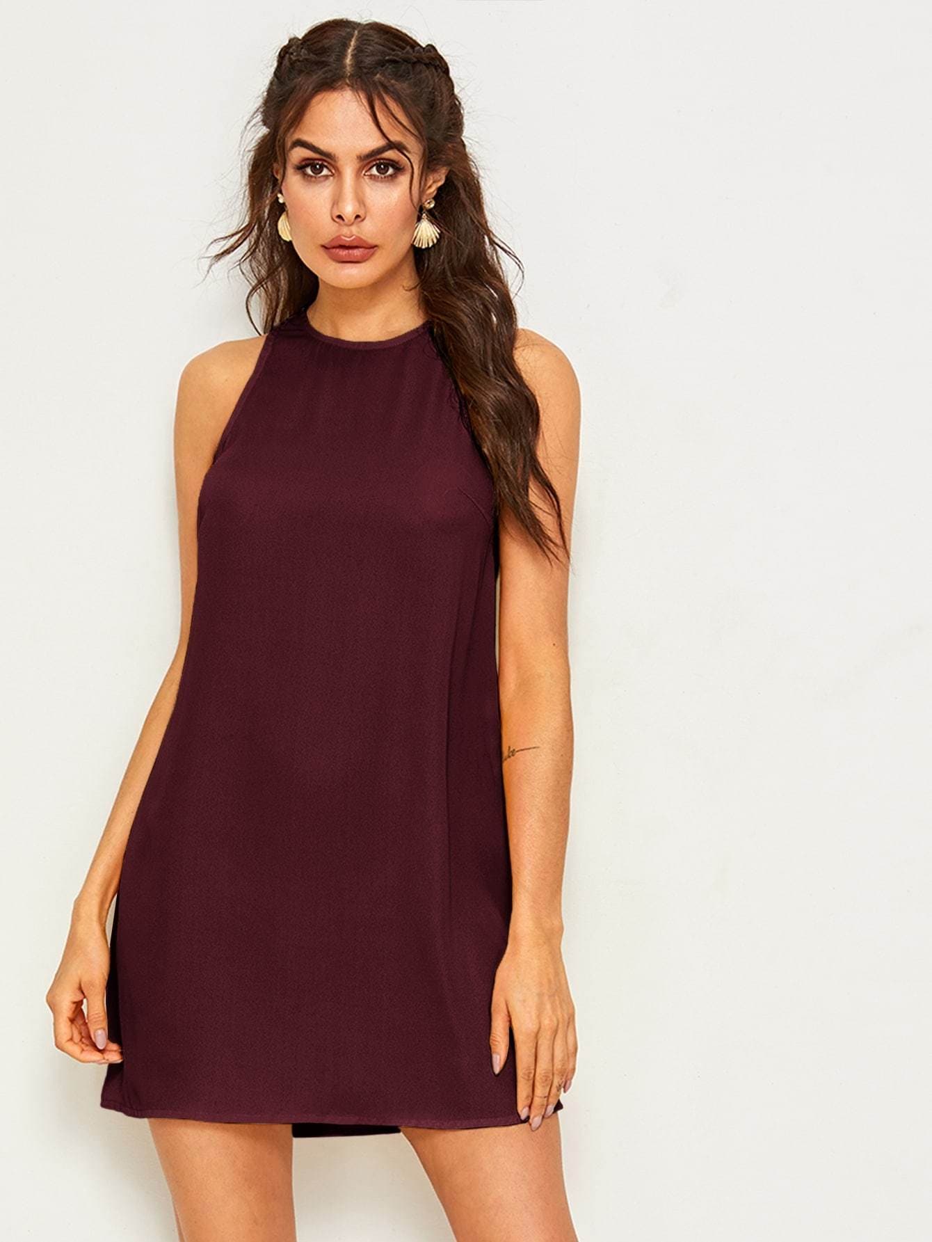Round Neck Sleeveless Solid Keyhole Back Dress