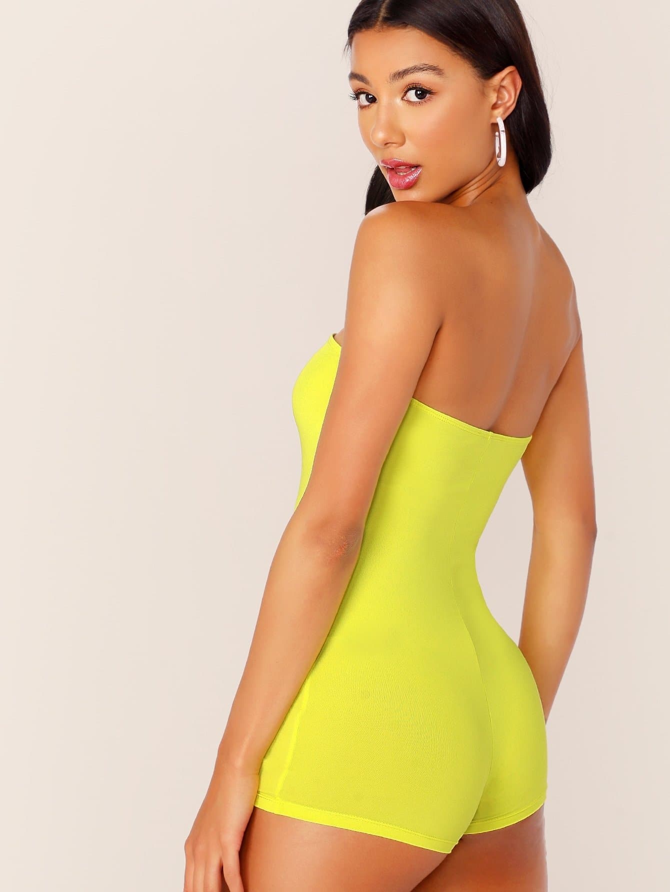 Strapless Sleeveless Neon Yellow Form Fitted Tube Mini Romper Jumpsuit