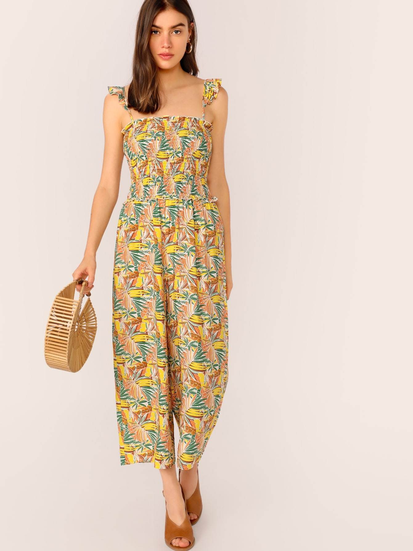 Tropical Print Shirred Bodice Wide Leg Tropical Sleeveless Jumpsuit