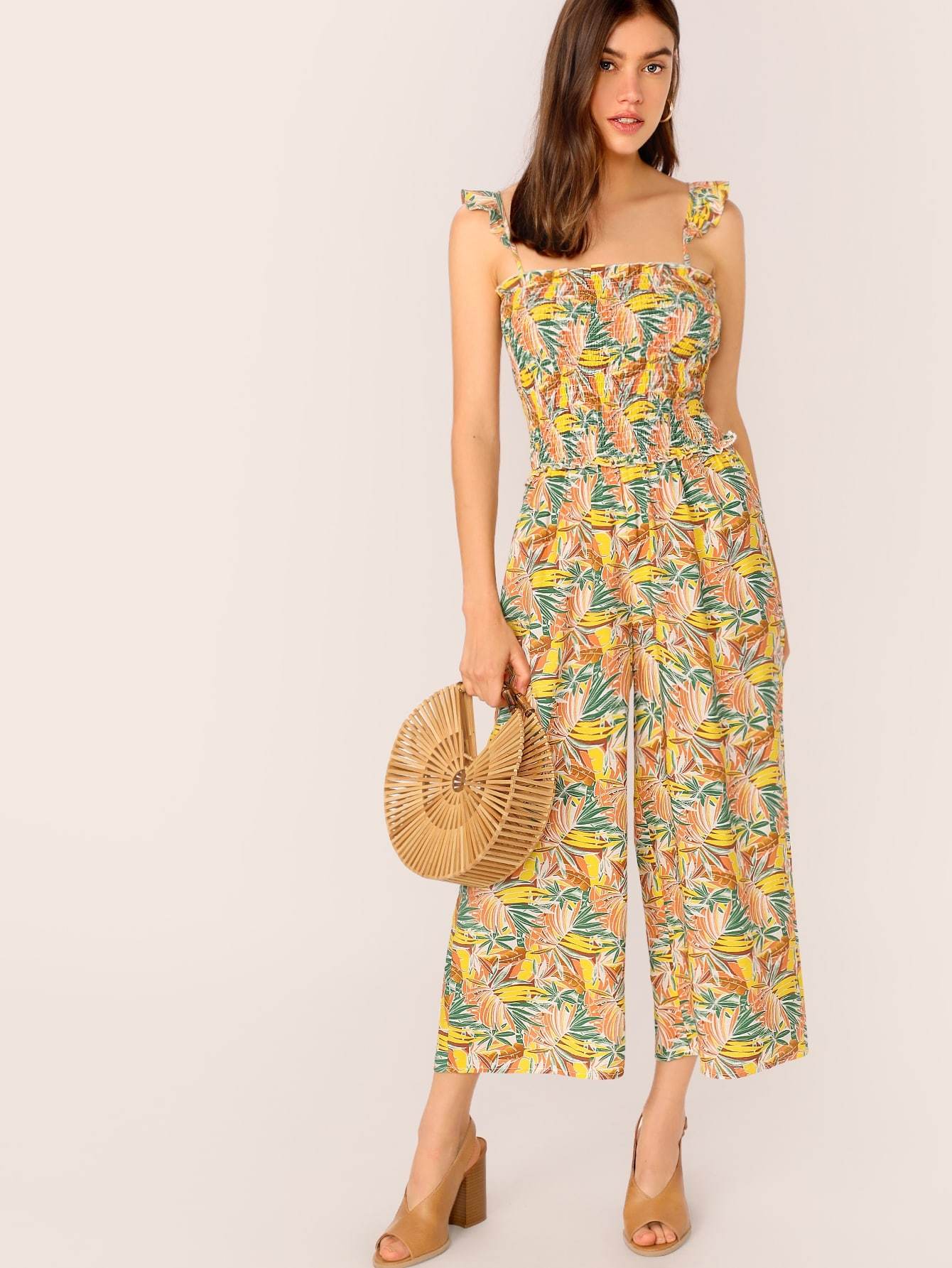 Tropical Print Shirred Bodice Wide Leg Tropical Sleeveless Jumpsuit