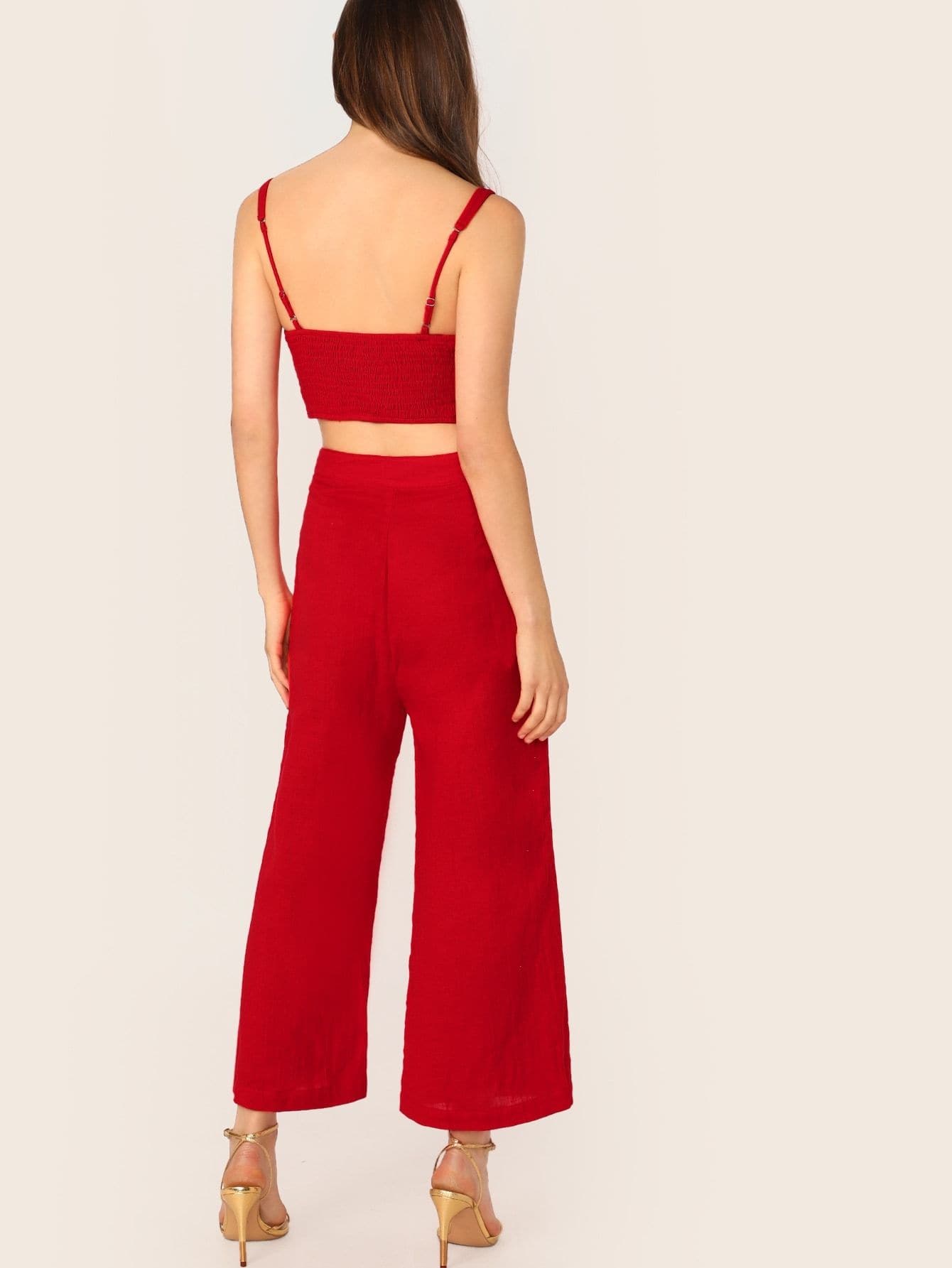 Red Spaghetti Strap Sleeveless Shirred Back Ruched Cami Crop Top & Palazzo Pants Set