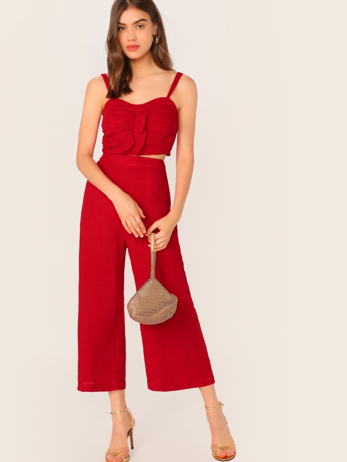 Red Spaghetti Strap Sleeveless Shirred Back Ruched Cami Crop Top & Palazzo Pants Set