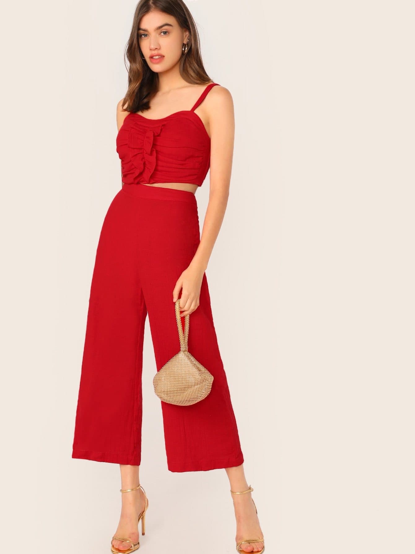 Red Spaghetti Strap Sleeveless Shirred Back Ruched Cami Crop Top & Palazzo Pants Set