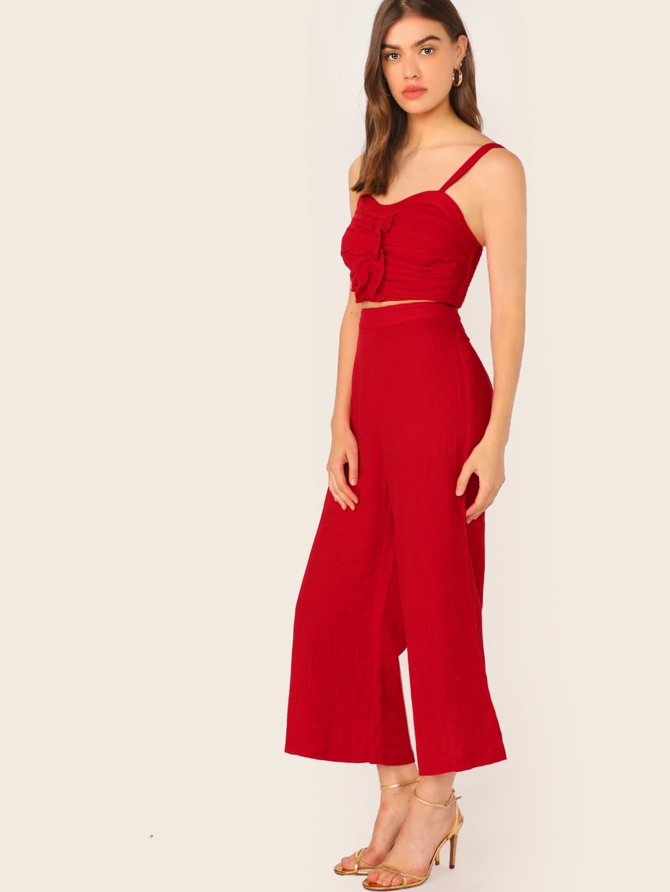 Red Spaghetti Strap Sleeveless Shirred Back Ruched Cami Crop Top & Palazzo Pants Set