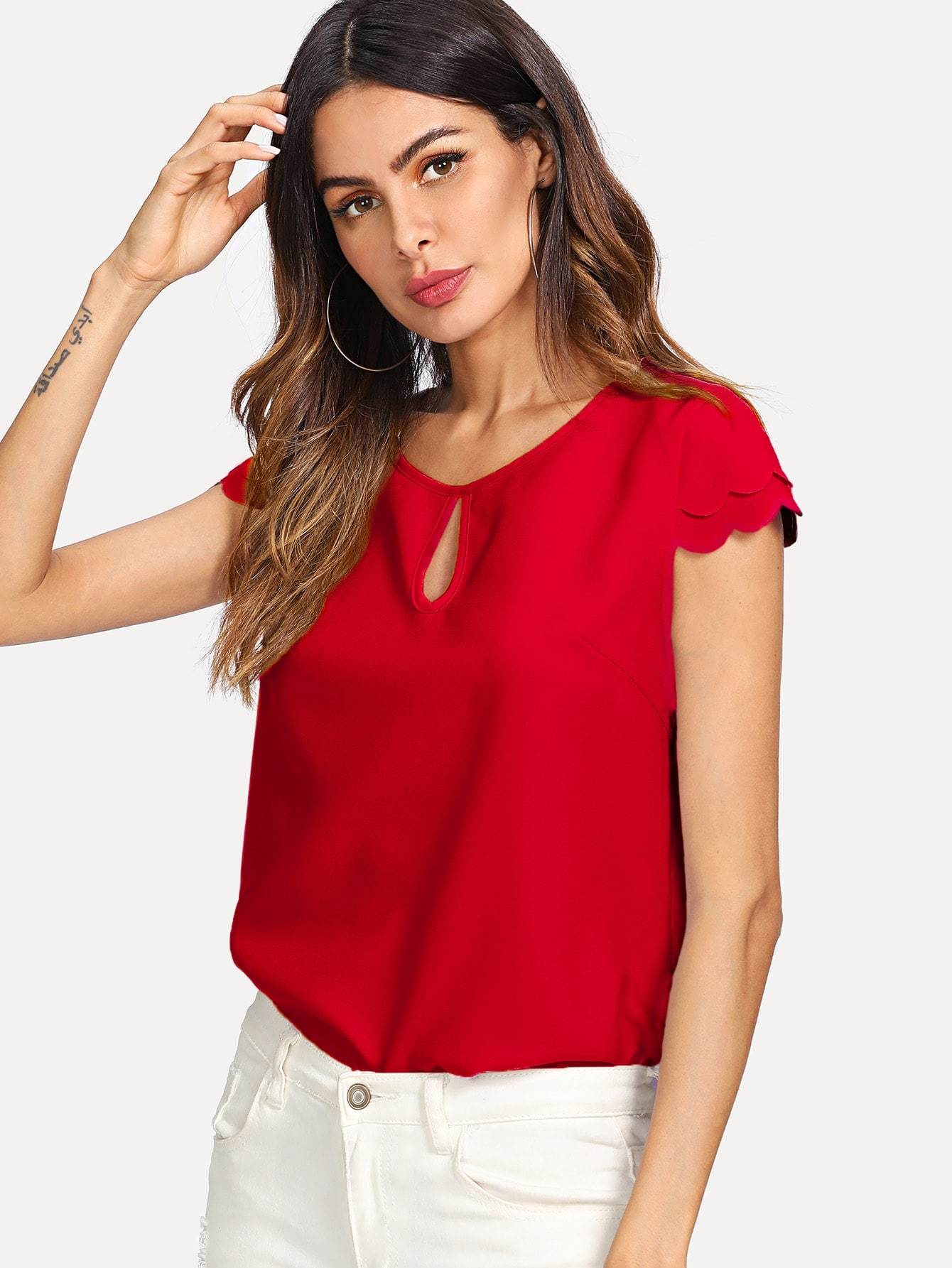 Cap Sleeve Keyhole Neck Layered Scalloped Sleeve Top