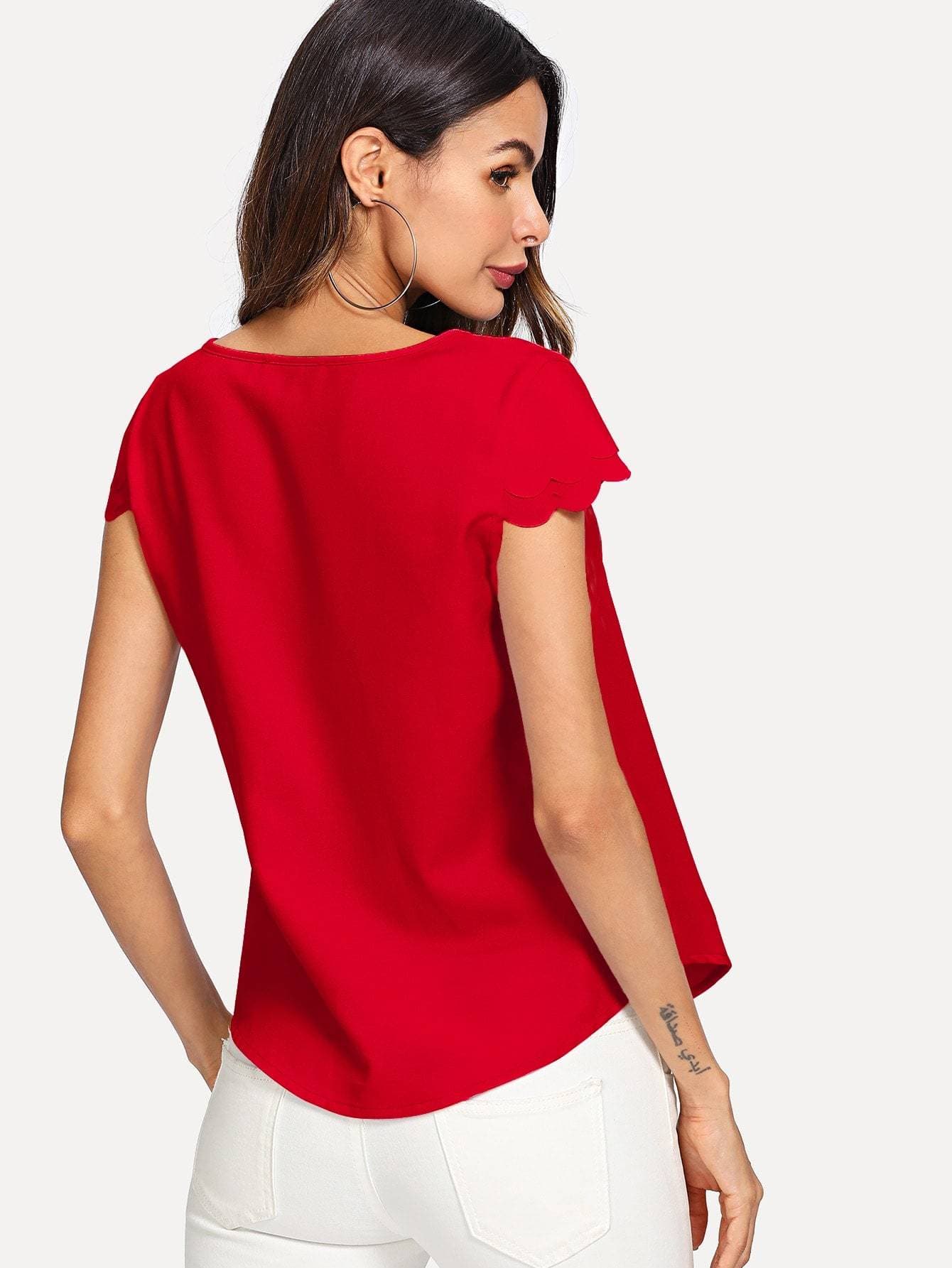 Cap Sleeve Keyhole Neck Layered Scalloped Sleeve Top