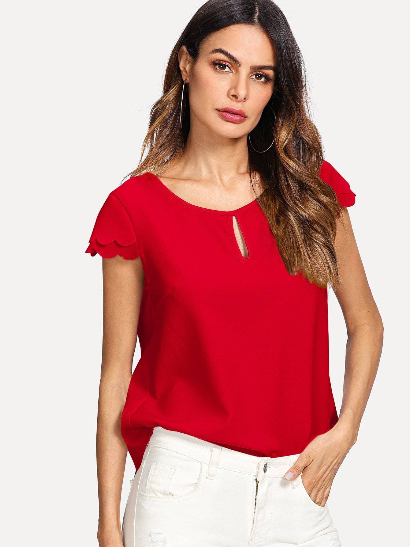 Cap Sleeve Keyhole Neck Layered Scalloped Sleeve Top