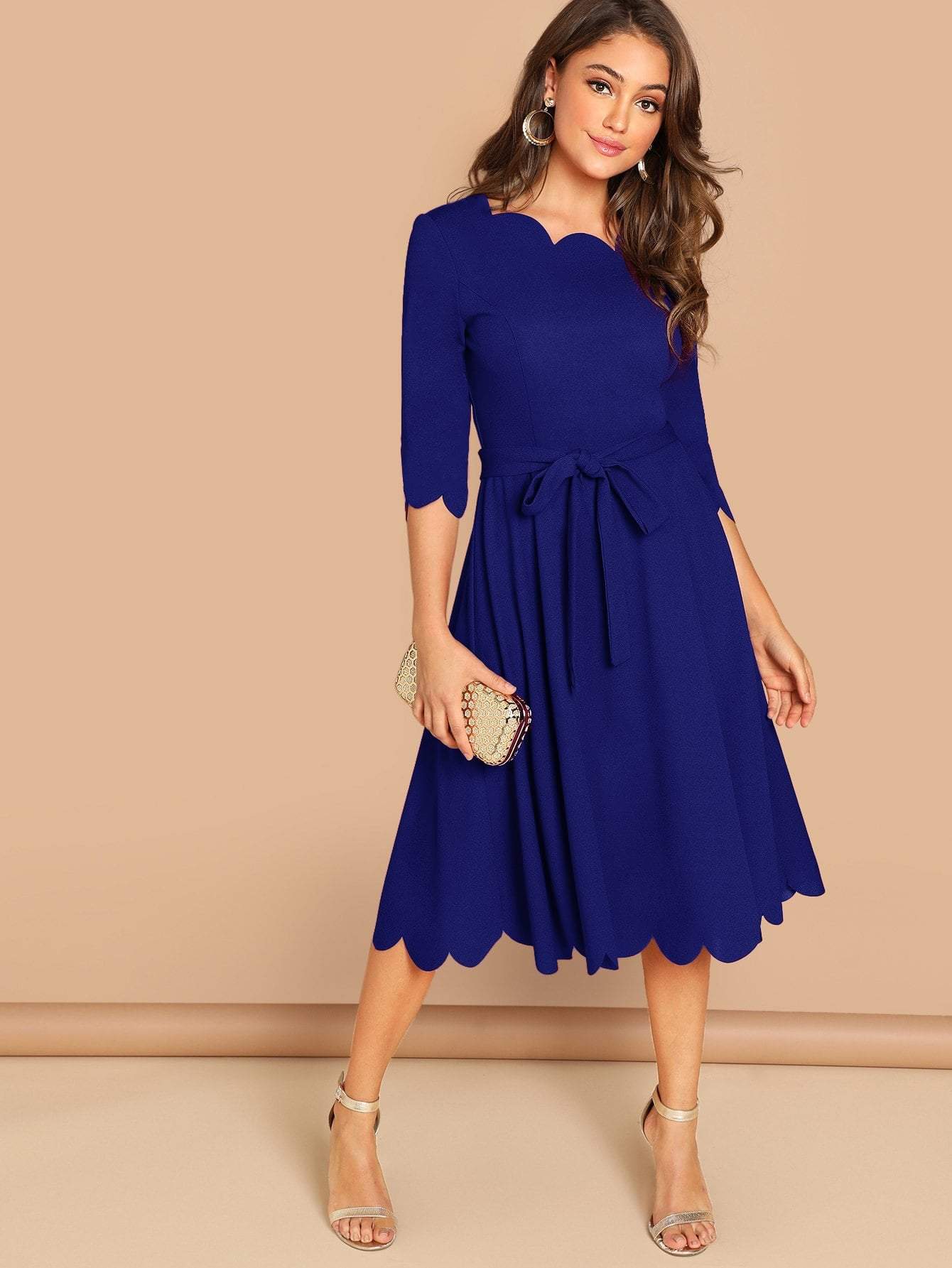 Round NeckThree Quarter Sleeve Scallop Trim Belted Fit & Flare Dress
