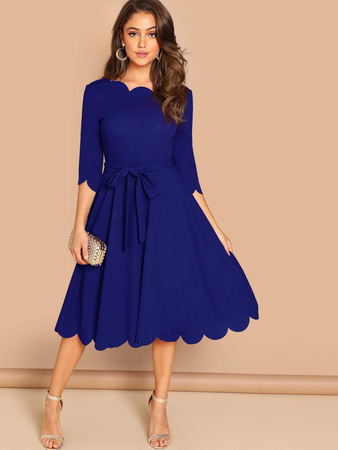Round NeckThree Quarter Sleeve Scallop Trim Belted Fit & Flare Dress