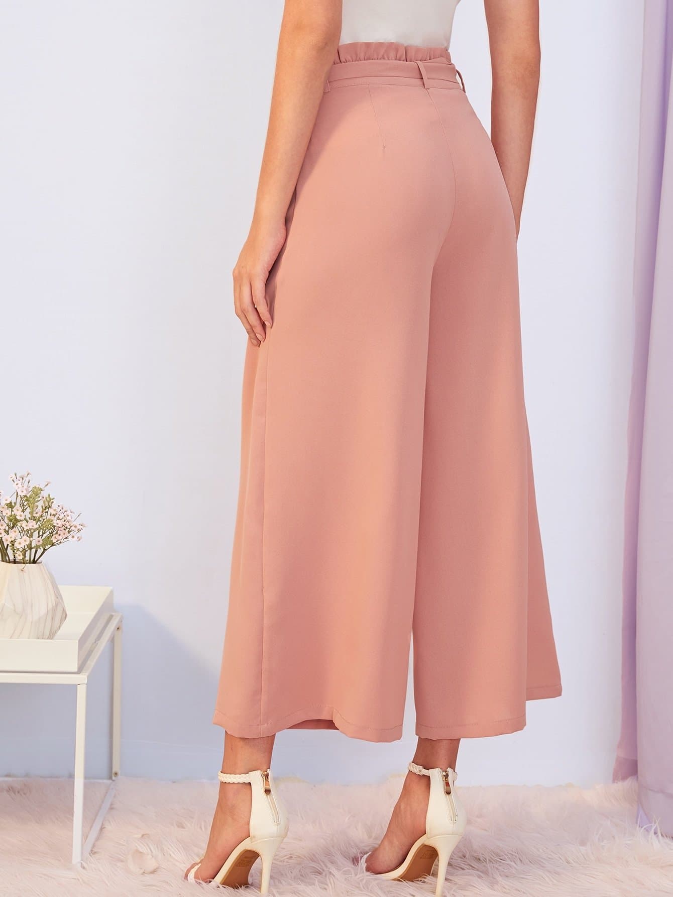 Pink Paperbag Waist Self Belted Wide Leg Crop Pants