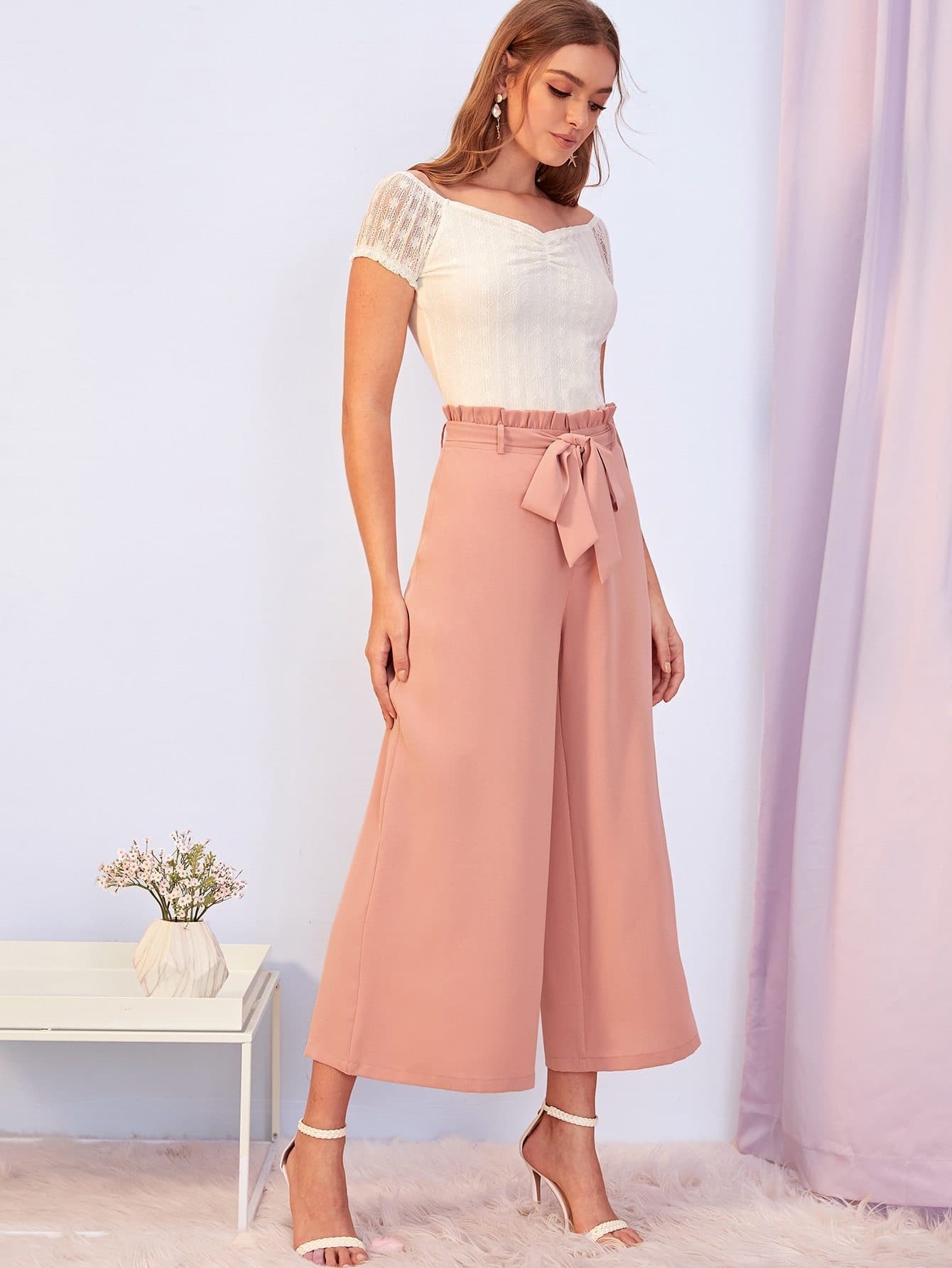 Pink Paperbag Waist Self Belted Wide Leg Crop Pants