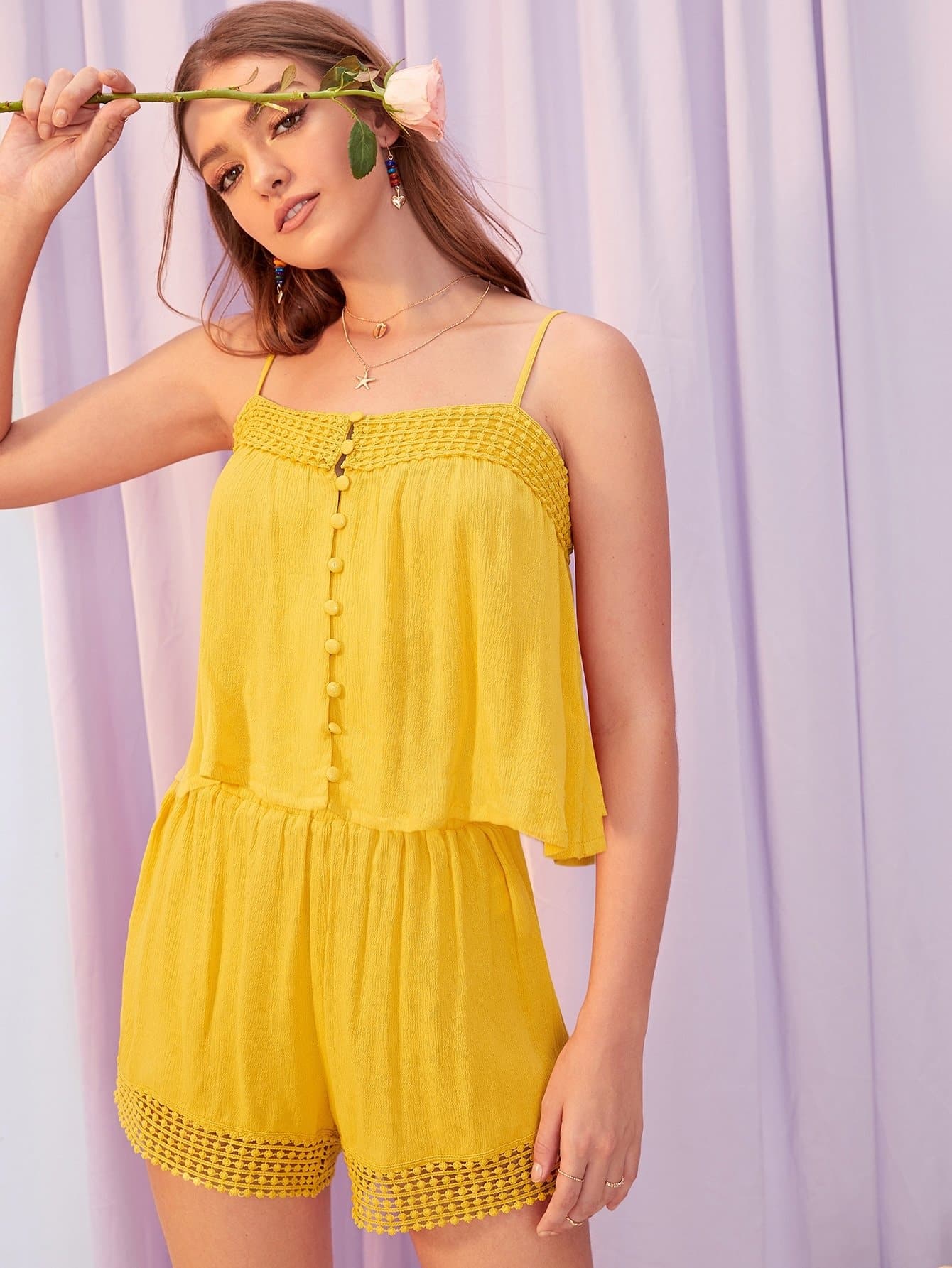 Yellow Spaghetti Strap Sleeveless Lace Trim Button Up Cami Top and Shorts Set