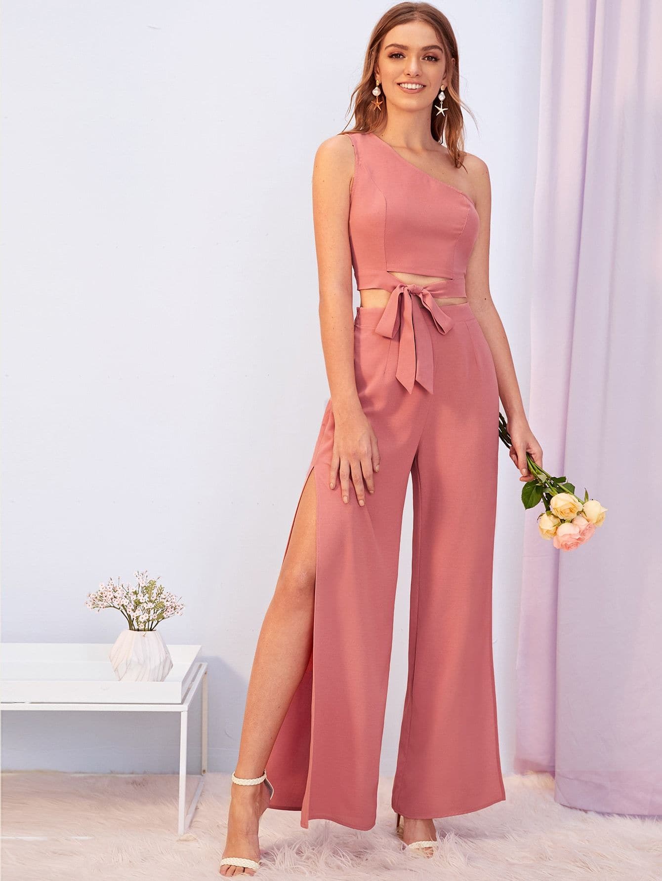 Pink One Shoulder Sleeveless Knot Front Tank Top & Split Thigh Pants Set