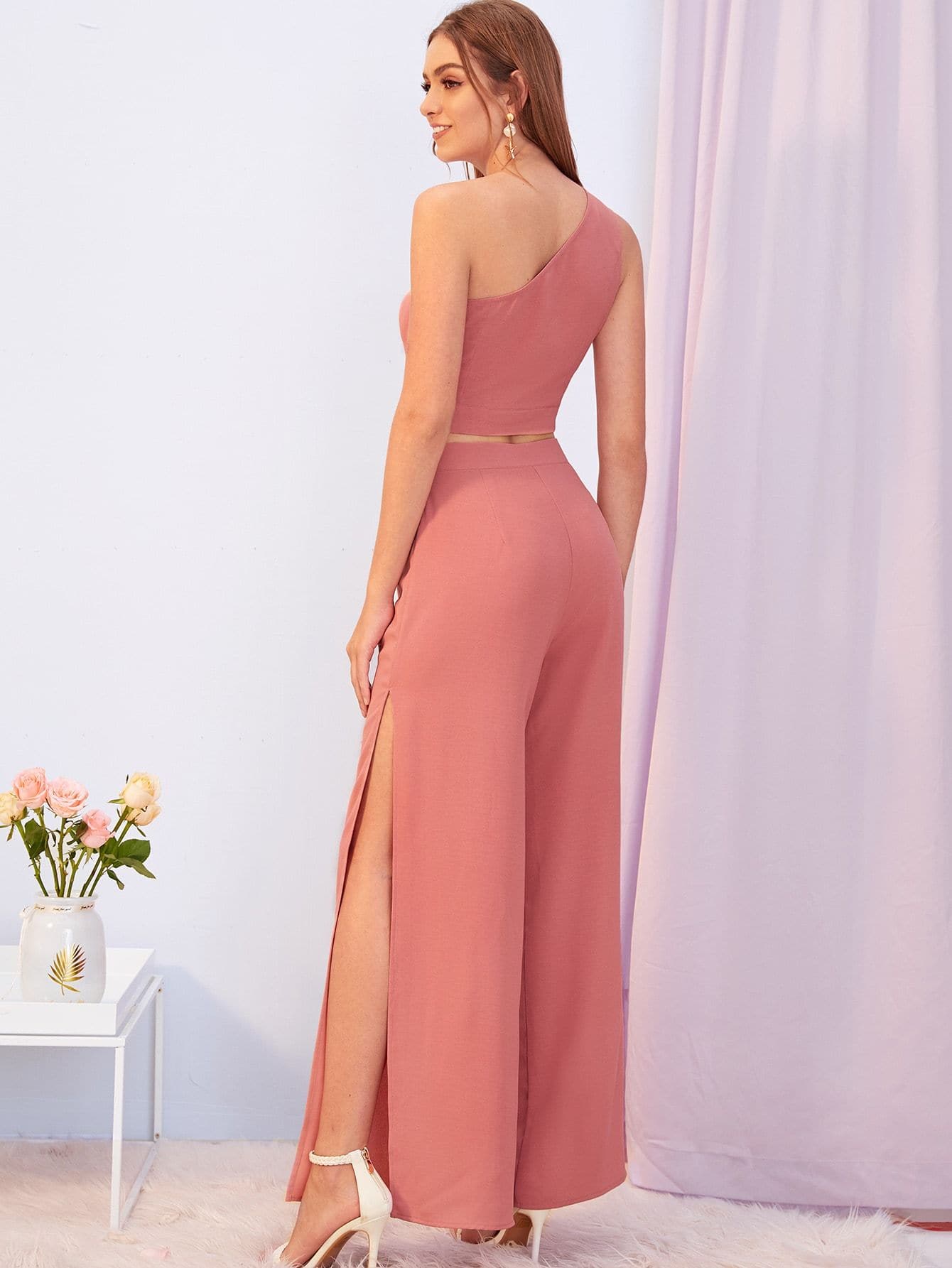 Pink One Shoulder Sleeveless Knot Front Tank Top & Split Thigh Pants Set