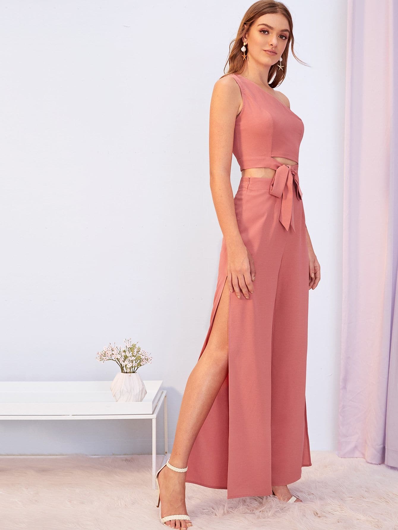 Pink One Shoulder Sleeveless Knot Front Tank Top & Split Thigh Pants Set