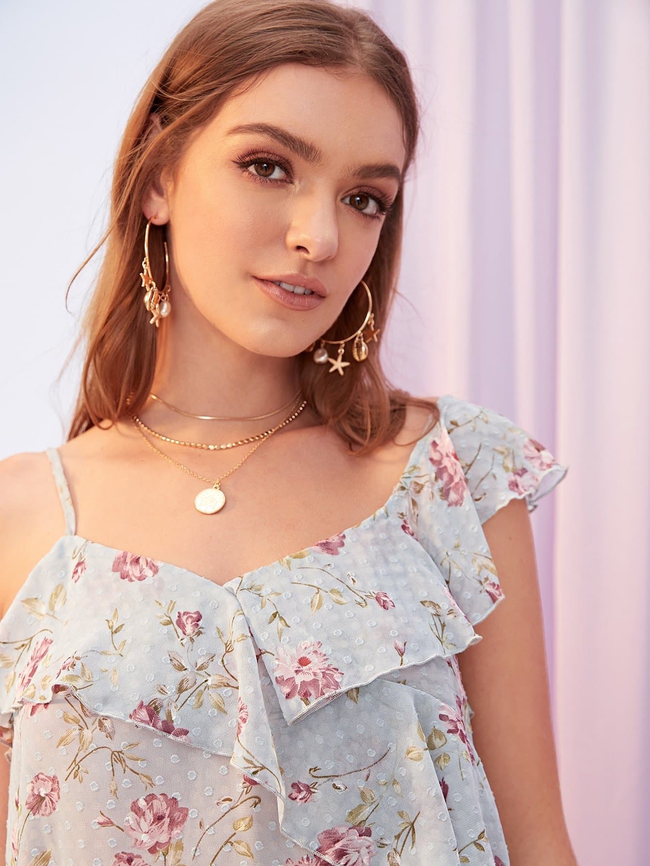 Blue Cap Sleeve Asymmetrical Neck Ruffle Trim Floral Print Swiss Dot Top