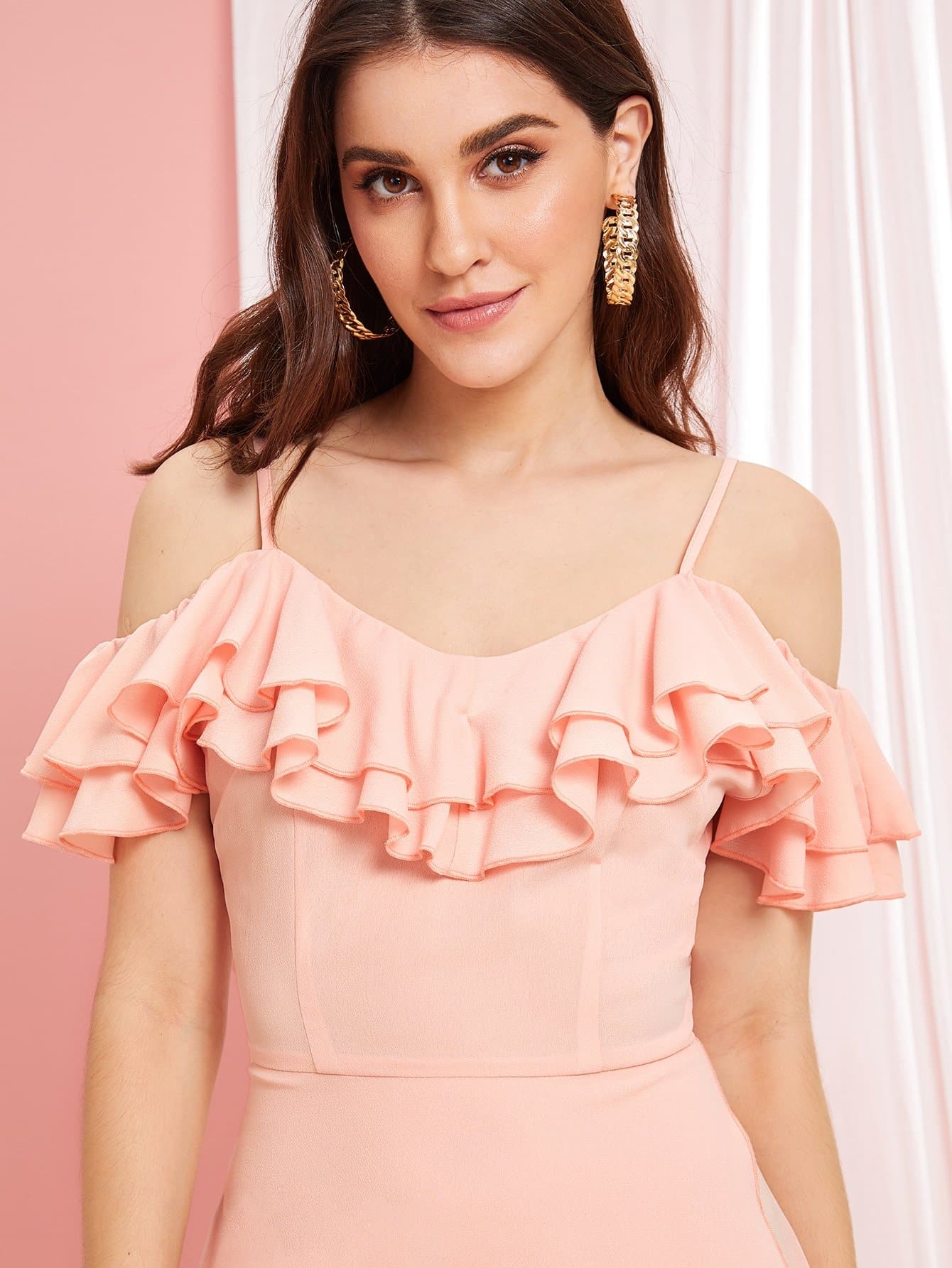 Spaghetti Strap Short Sleeve Tiered Ruffle Trim Tulip Hem Slip Dress