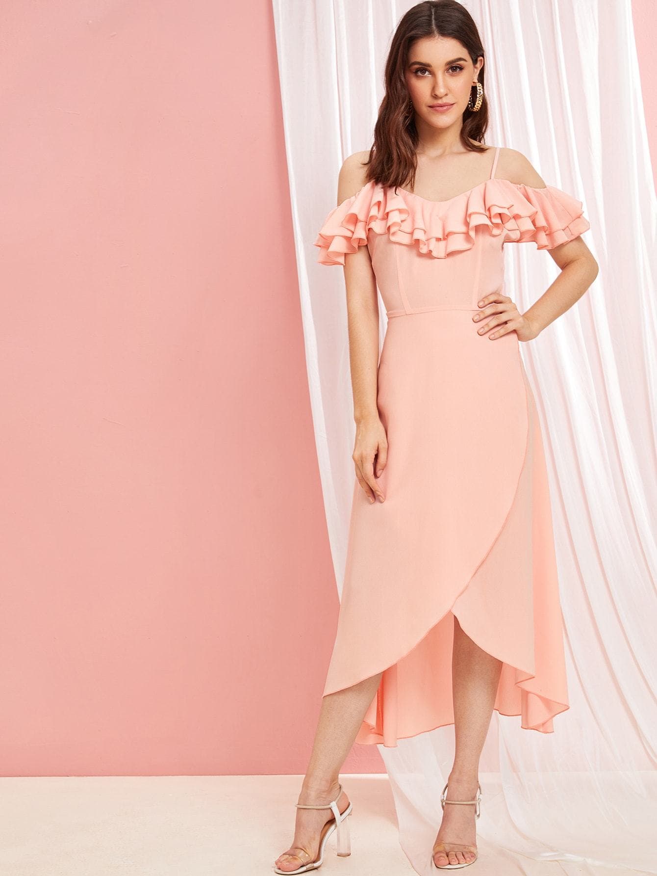 Spaghetti Strap Short Sleeve Tiered Ruffle Trim Tulip Hem Slip Dress